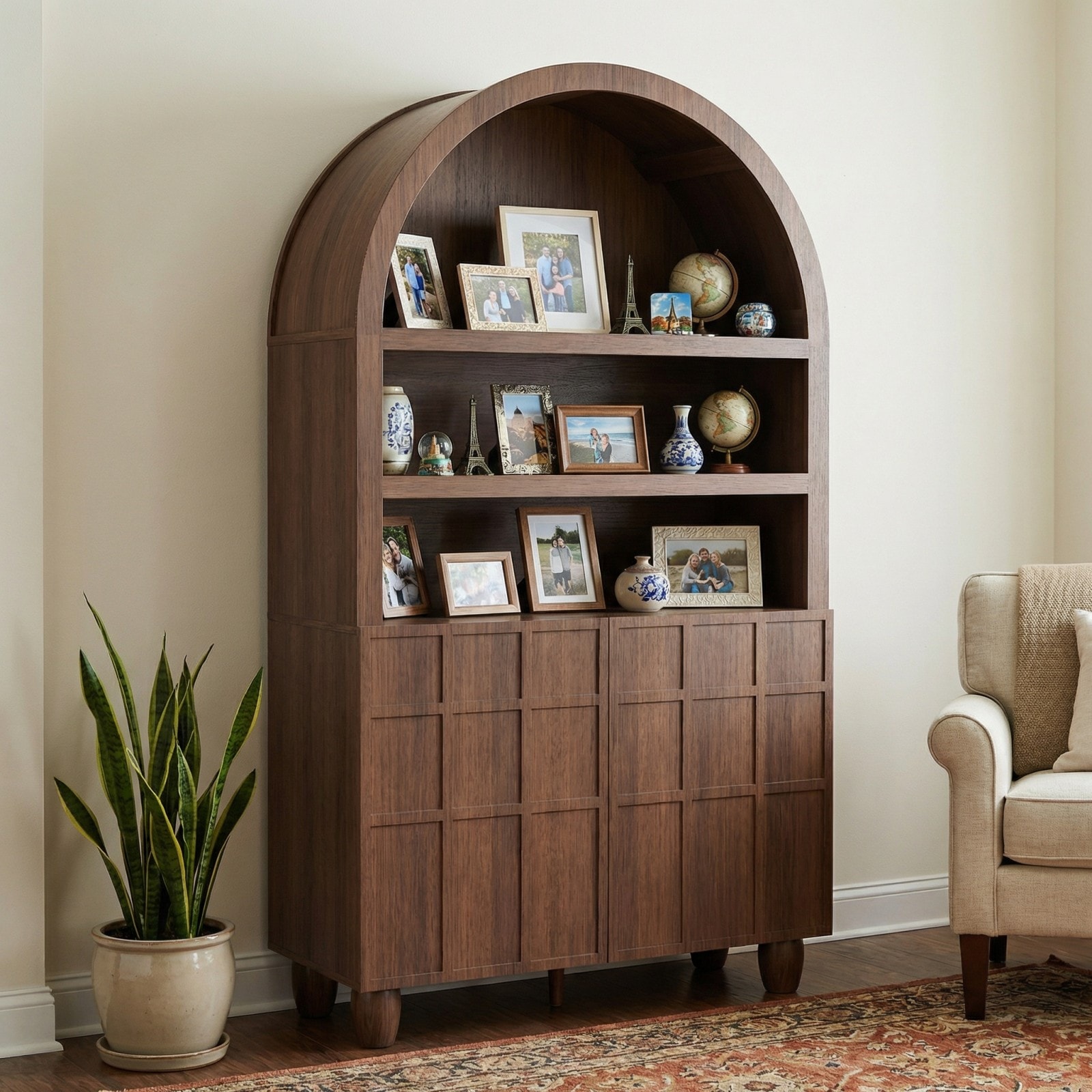 GlasFlength  71-Inch Arched Storage Cabinet Multi Tier Display Bookshelf with Door Protection and Adjustable Shelf Organization for Living Room Dining Room Kitchen or Home Office Brown