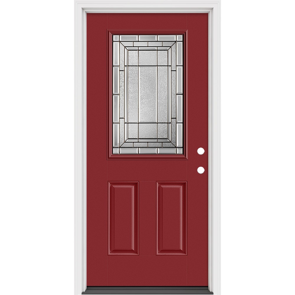 Masonite 631540 Sequence 36-in x 80-in x 4-9/16-in Fiberglass Half lite Left-hand inswing Roma Red Painted Prehung Front Door with Brickmould Insulating core