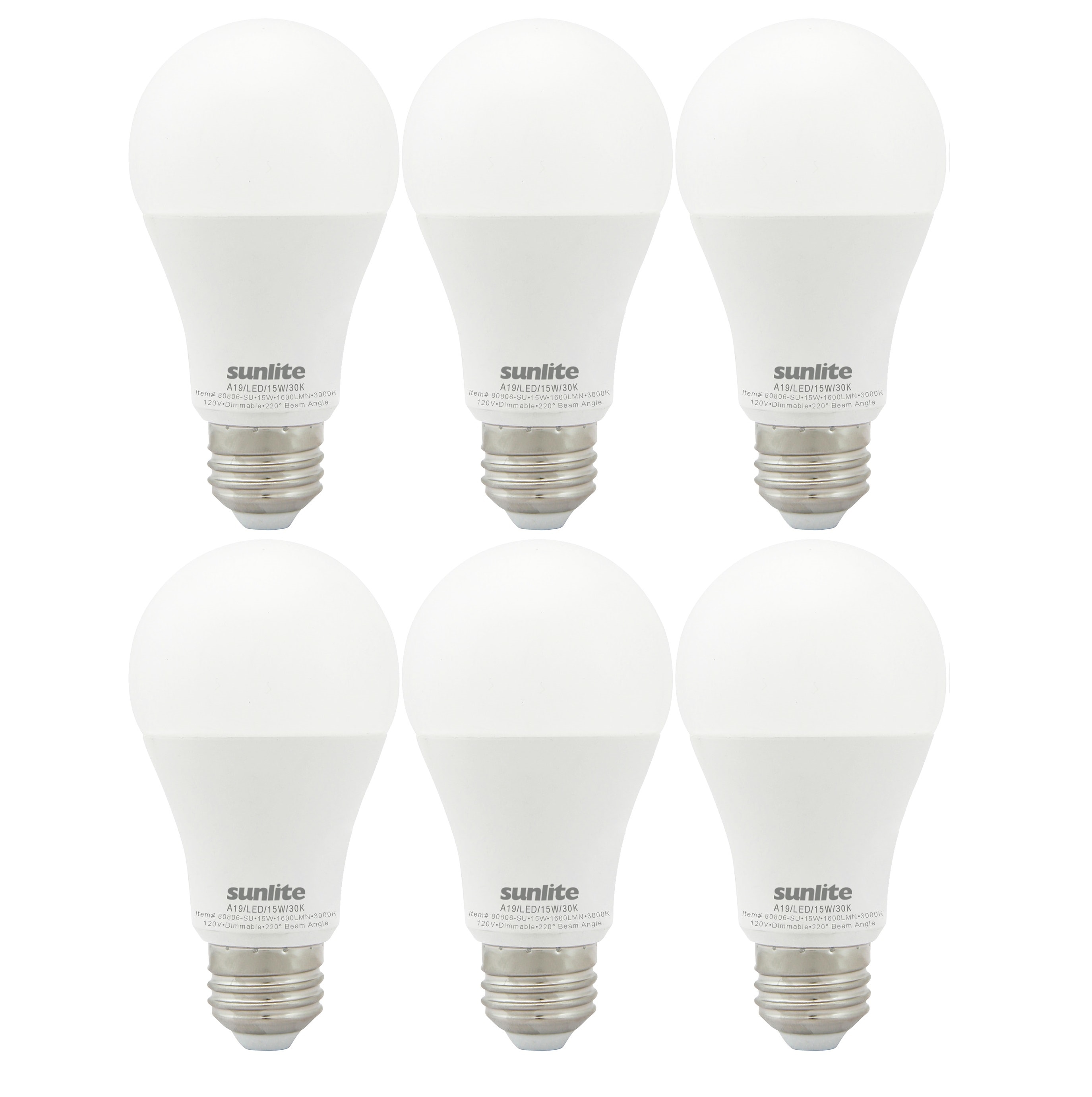 SUNLITE 100 -Watt EQ A19 Warm white Medium screw base E26 Dimmable LED General purpose Light Bulb 6 -Pack