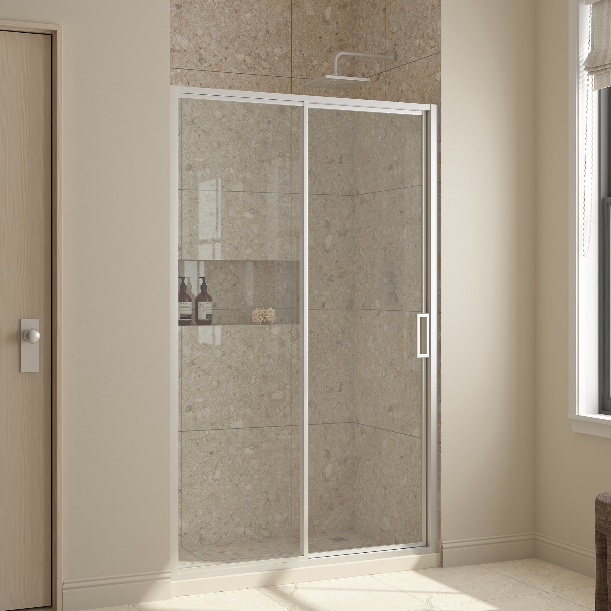 OVE Decors 15SGP-STAN48-SAT Stanford Satin Nickel 46-3/16-in to 48-in W x 74.02-in H Frameless Clear Glass Sliding Shower door