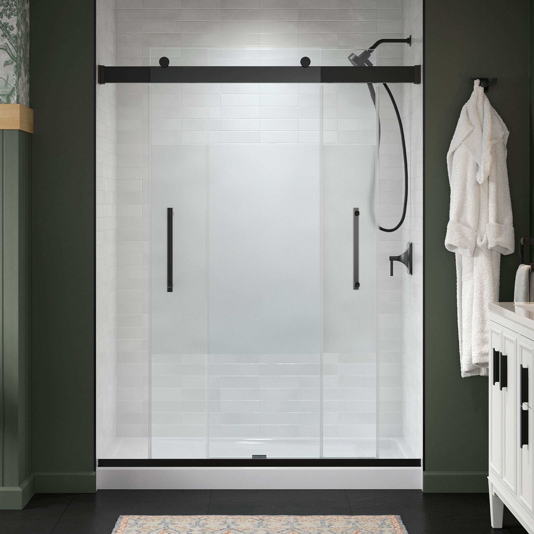 KOHLER 702474-8G81-BL Premise Matte Black 56-in to 60-in W x 75.75-in H Frameless Bypass Sliding Soft Close Shower Door 5/16-in Thick Clear Glass
