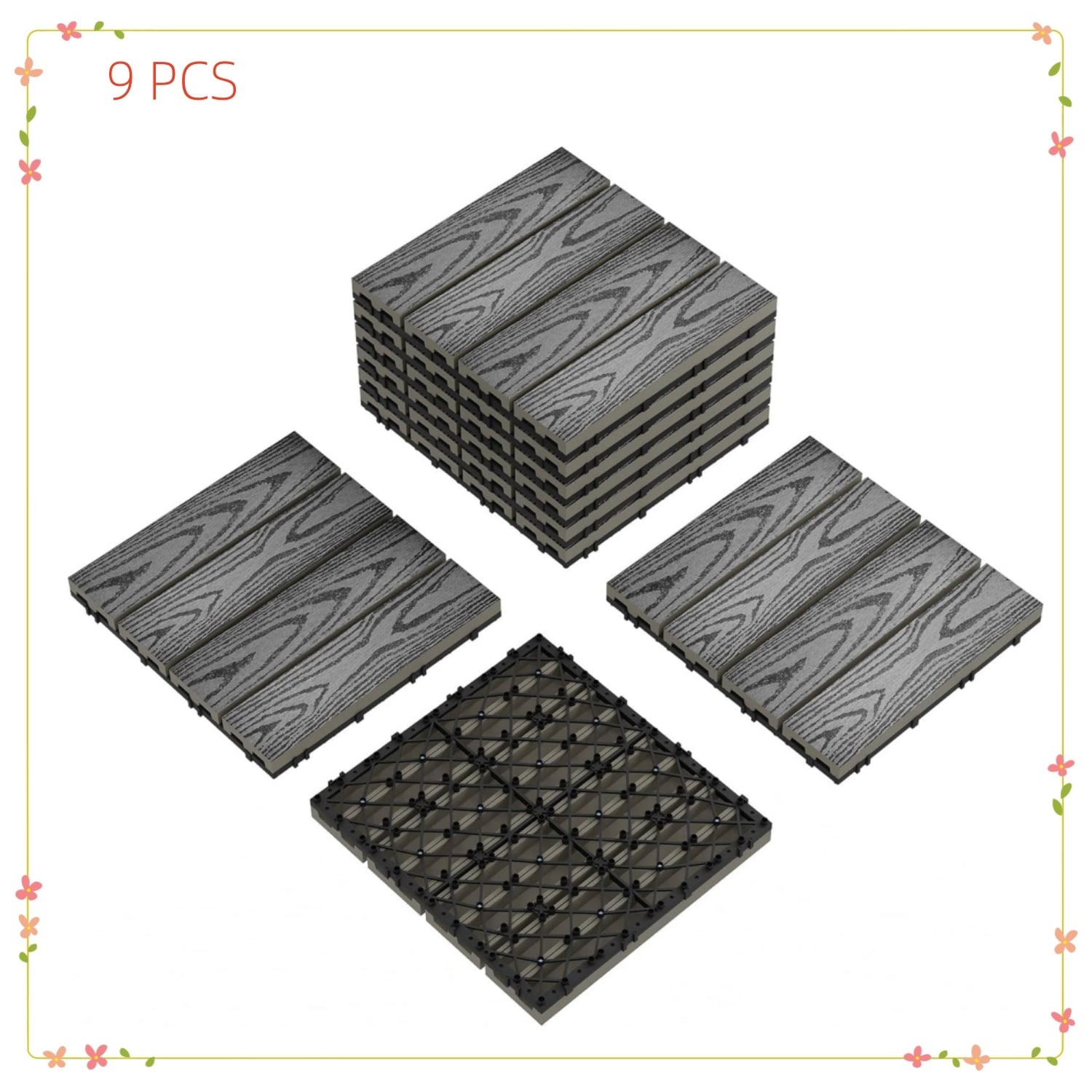 Garvee 9-Pack  Composite Deck Tile 12x12 In Interlocking Waterproof All-Weather Flooring for Patio Balcony Porch and Poolside Covers 9 Sq Ft Grey