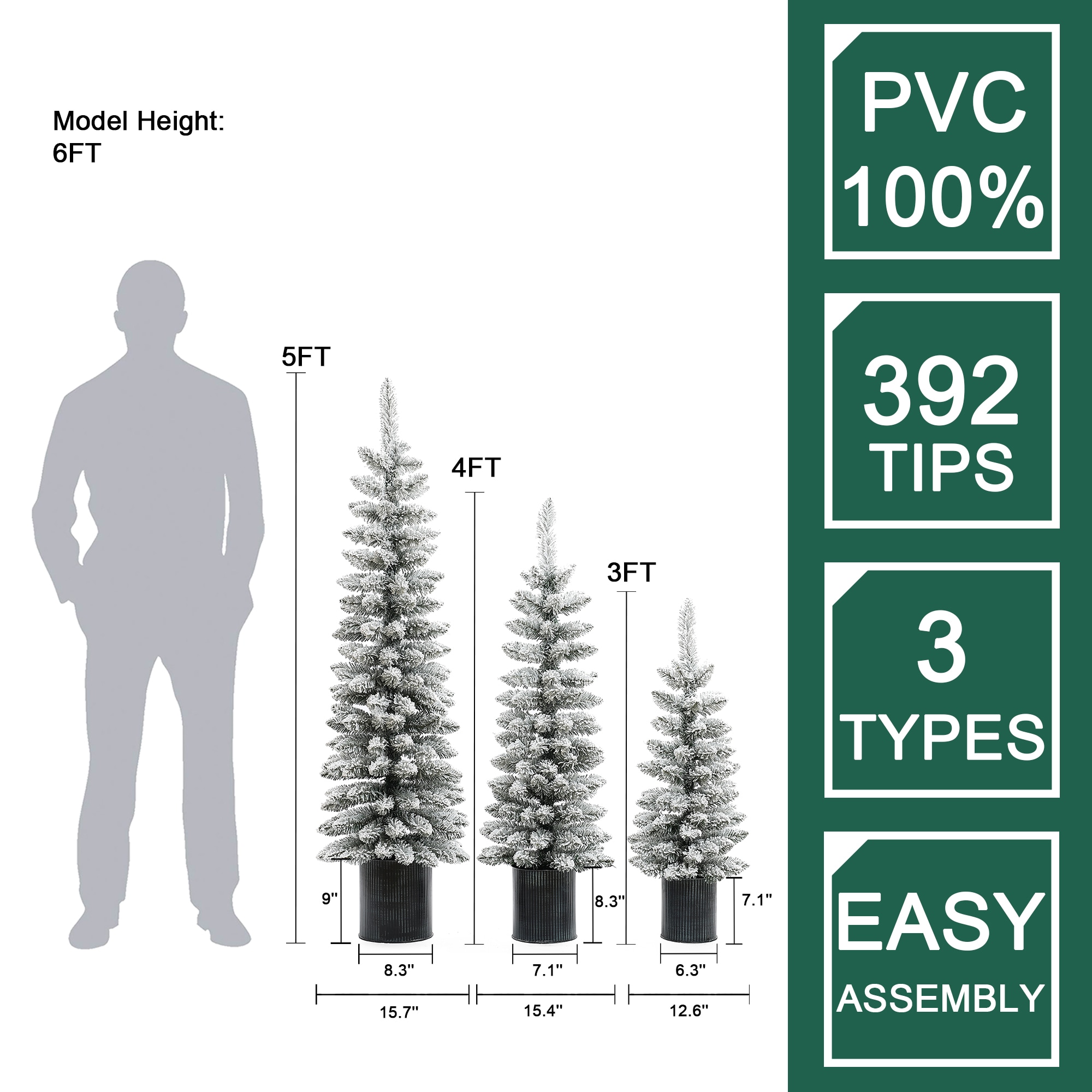 Set of 3 Snow-Flocked PVC Christmas Trees with Metal Pots