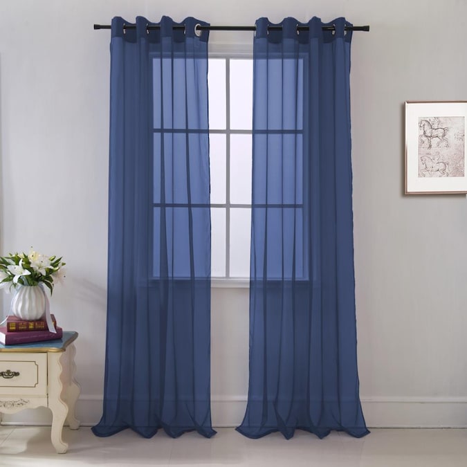 Navy Polyester Sheer Grommet, Sheer Curtain Panels With Designs