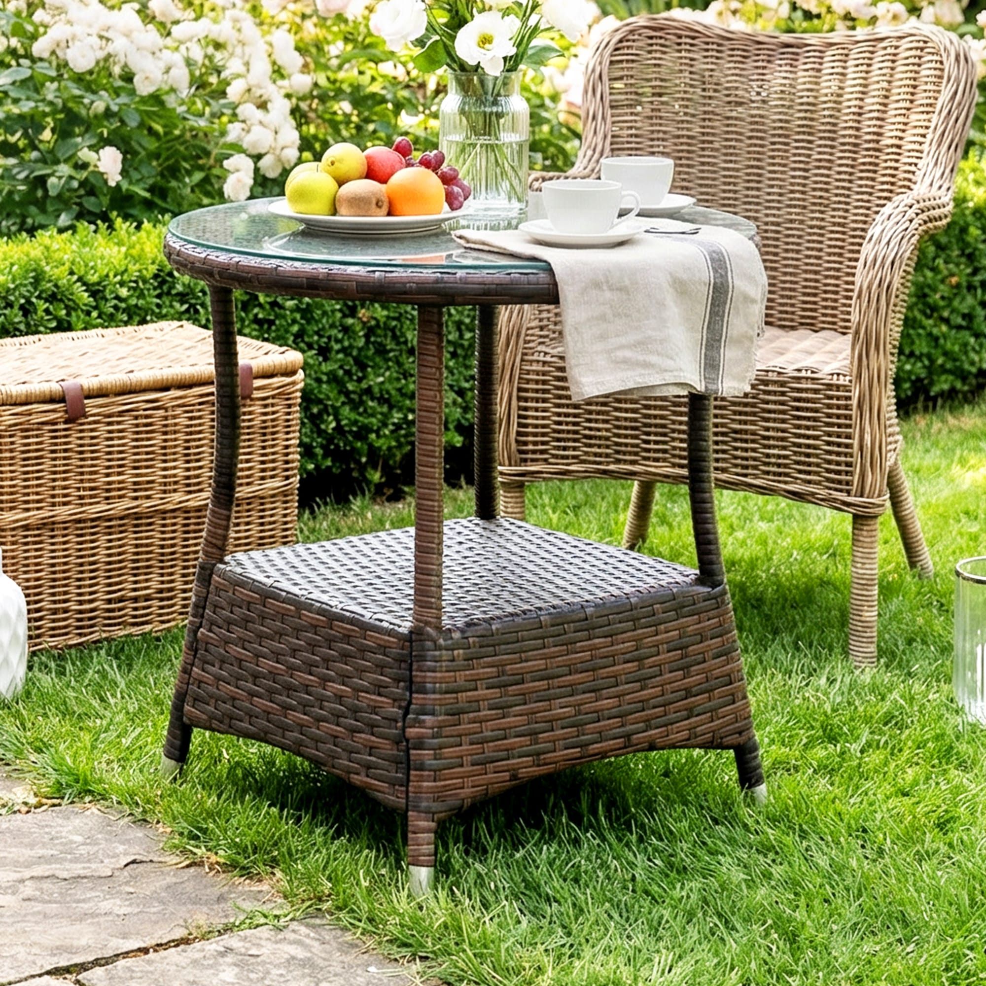 Round Wicker Outdoor Coffee Table 21-in W x 21-in L