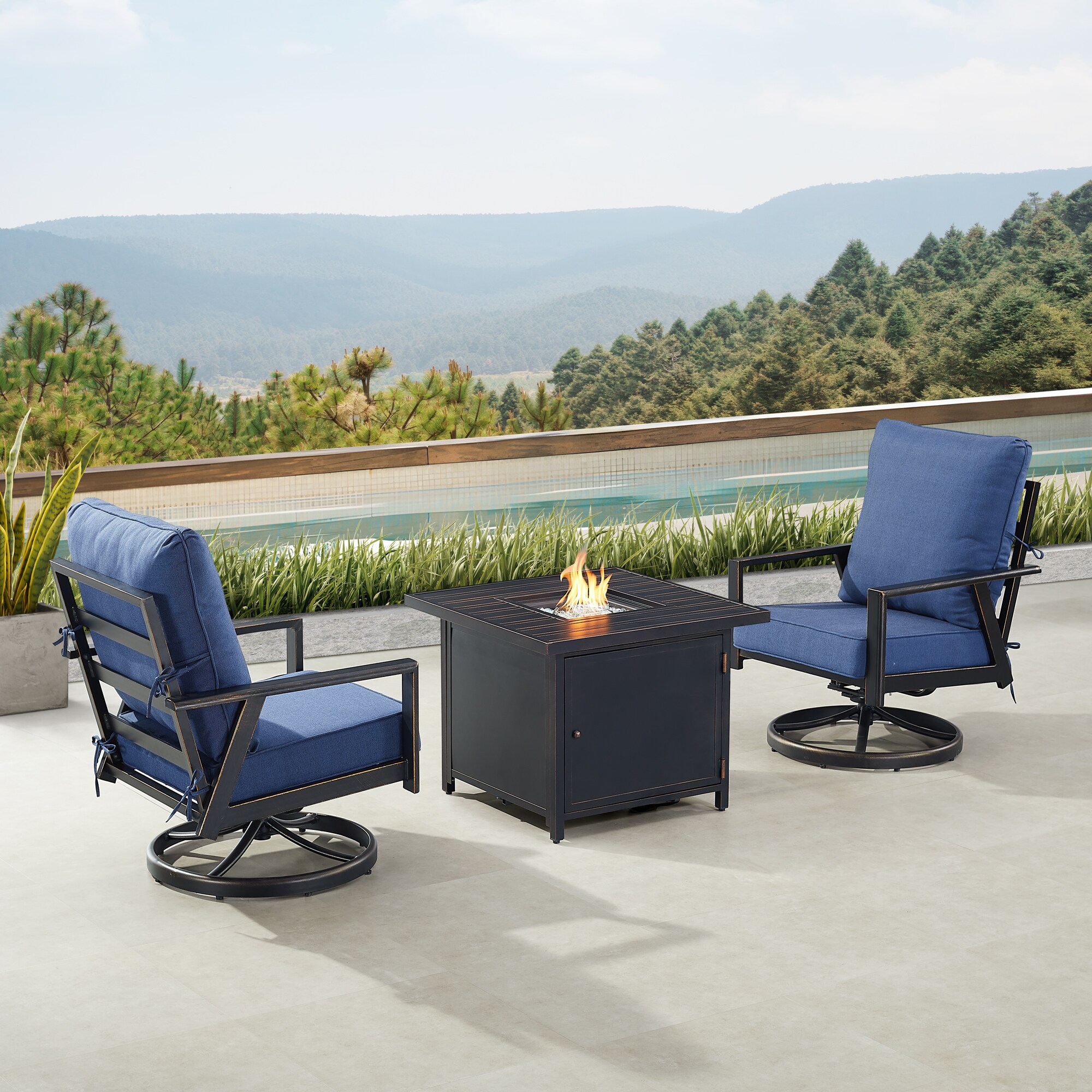 Oakland Living LUX2CHCHOLULABLCUA Fire Pit Table Bistro Set, Two Lounge Chairs 7-Piece Patio Conversation Set with Blue Cushions