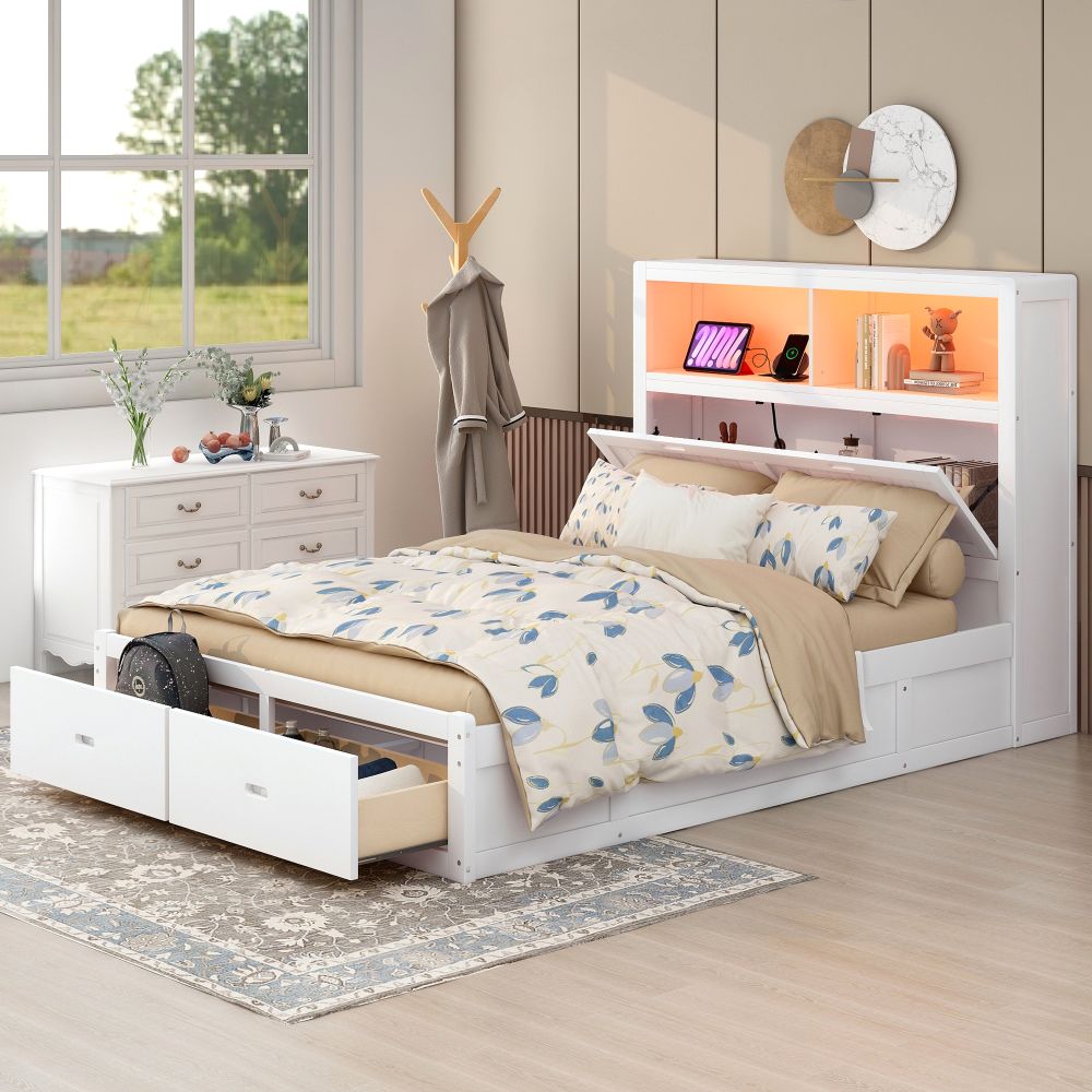 GDFStudio 327313 Milo Wood Queen Hydraulic Platform Bed with Led Headboard Charging Station and 2-Drawers White