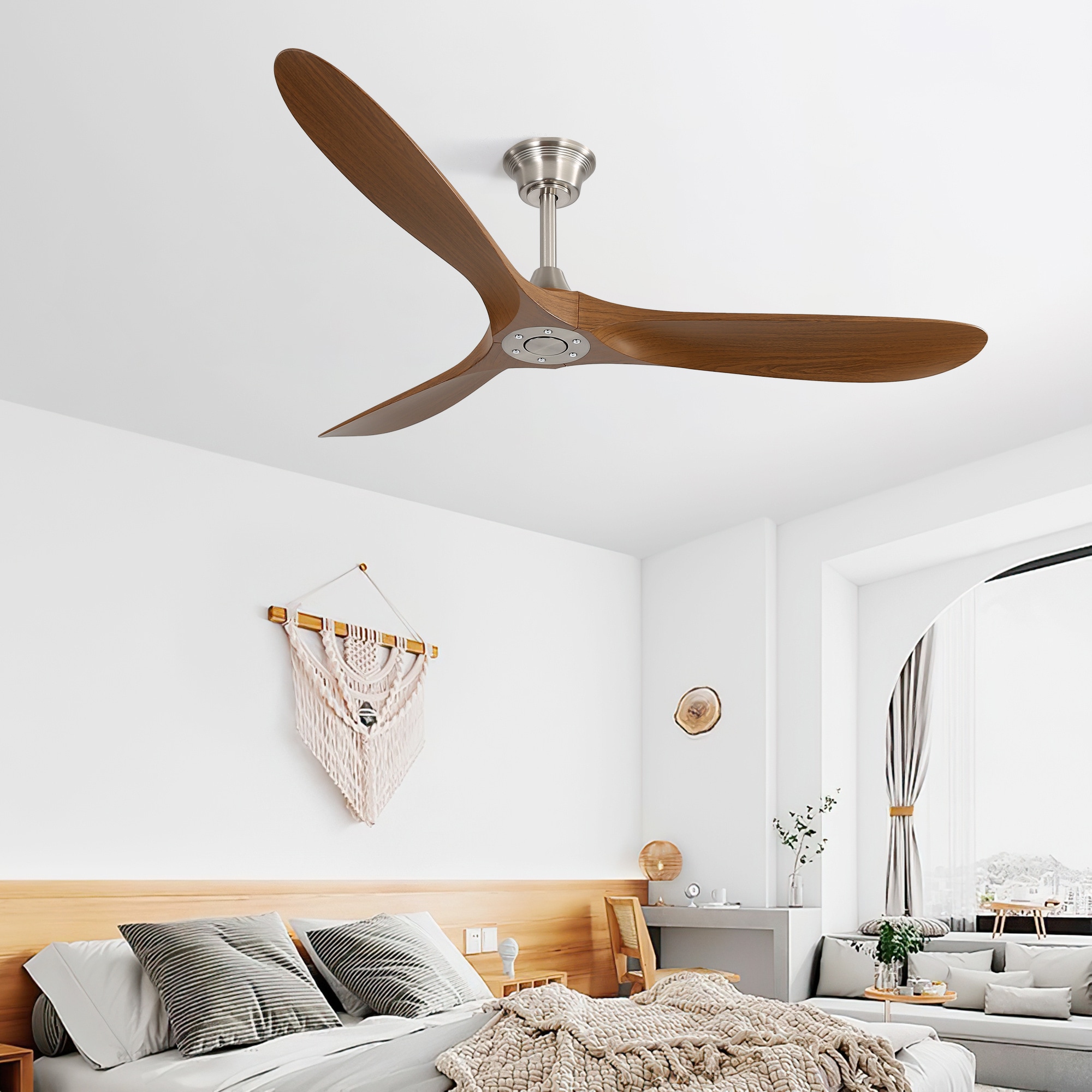 BABOOM BOM-P244709-OR 60-in Smart Brushed Nickel with ABS Walnut color Blades Ceiling Fan Without Light - Remote Included ( 3 -Blade )