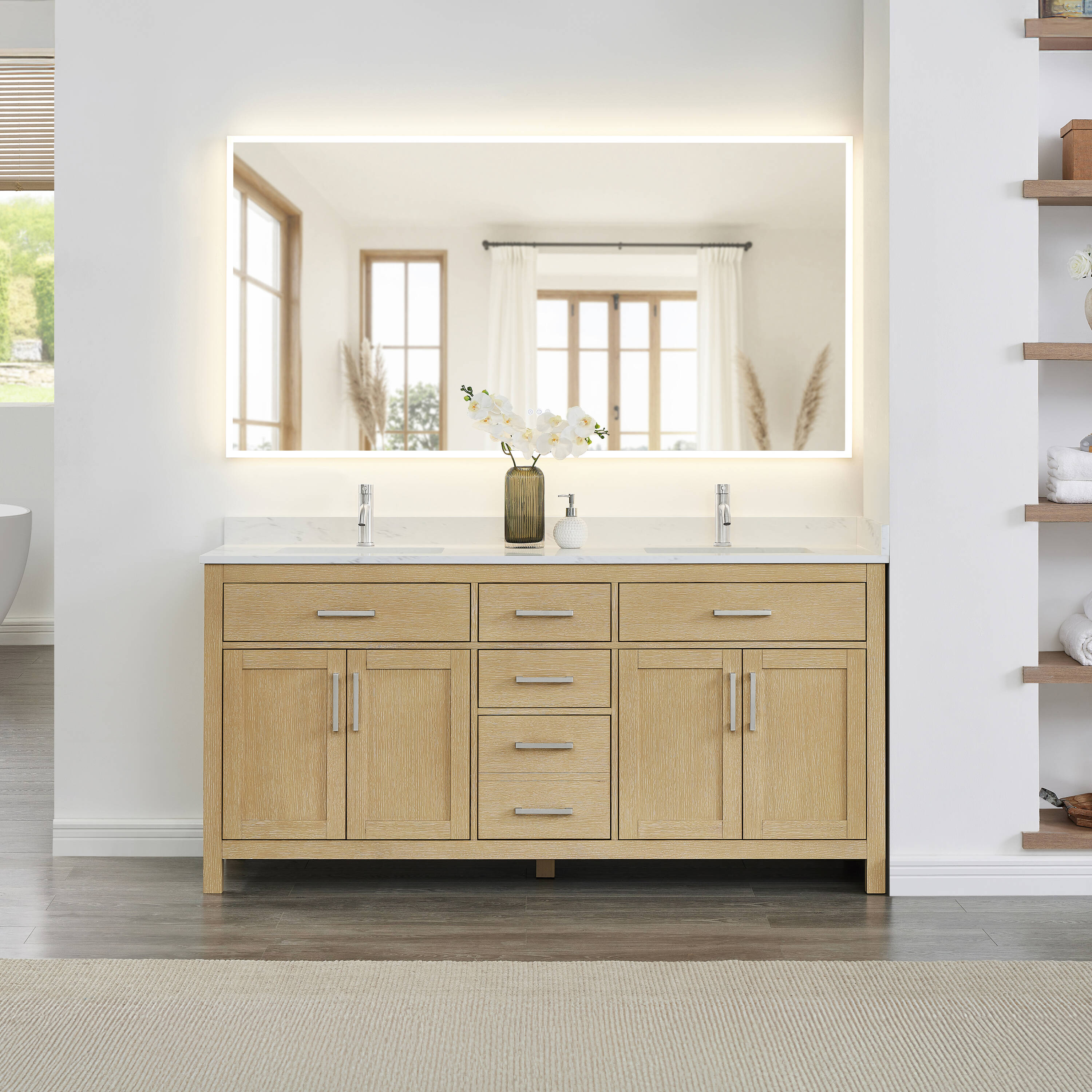 Wyndham Collection Beckett 72-in Whitewashed Oak with Brushed Nickel Trim Undermount Double Sink Bathroom Vanity with Carrara Cultured Marble Cultured Marble Top