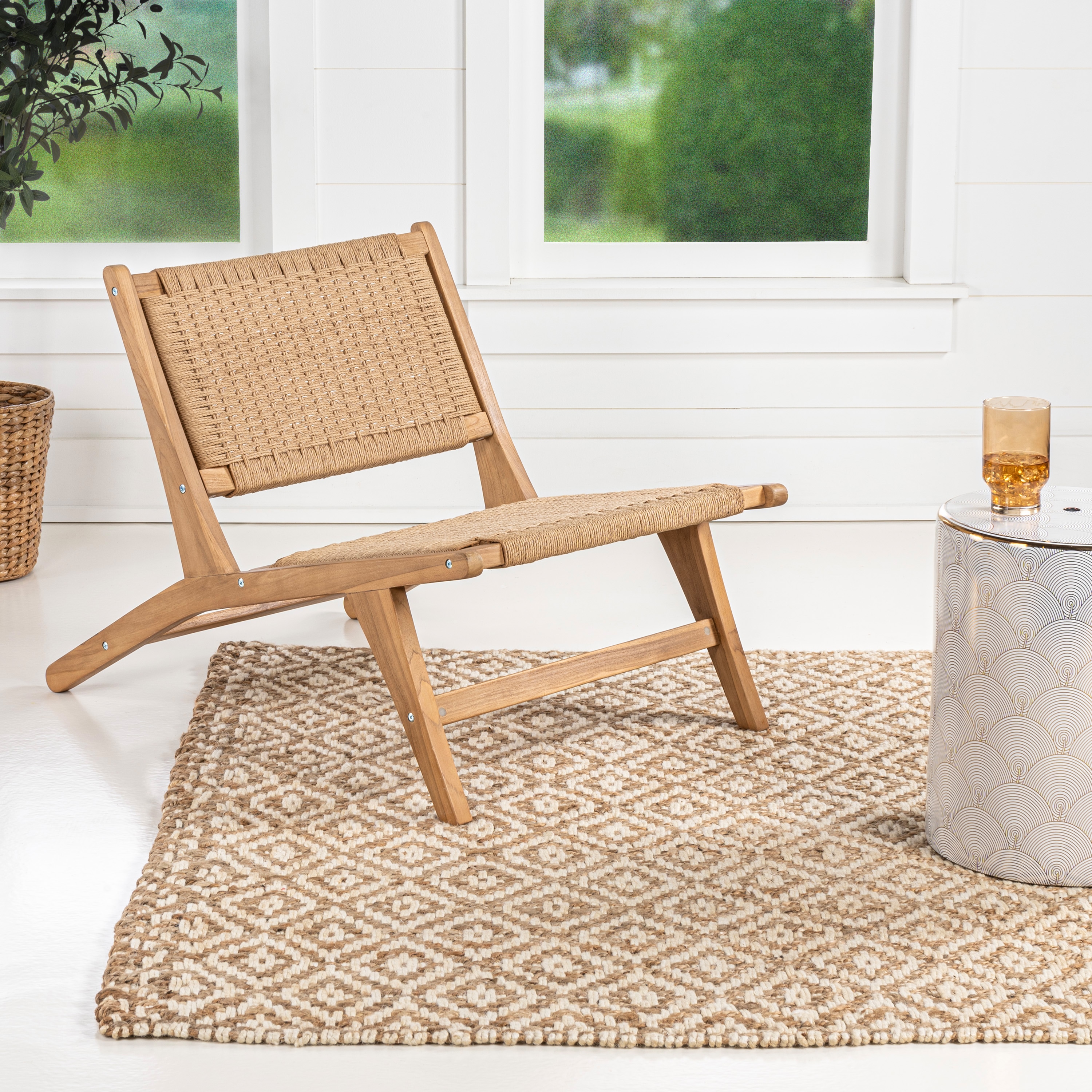JONATHAN  Y RLX1000A Parker Seagrass Mid-Century Modern Brown Wood Frame Stationary Conversation Chair with Woven Seat