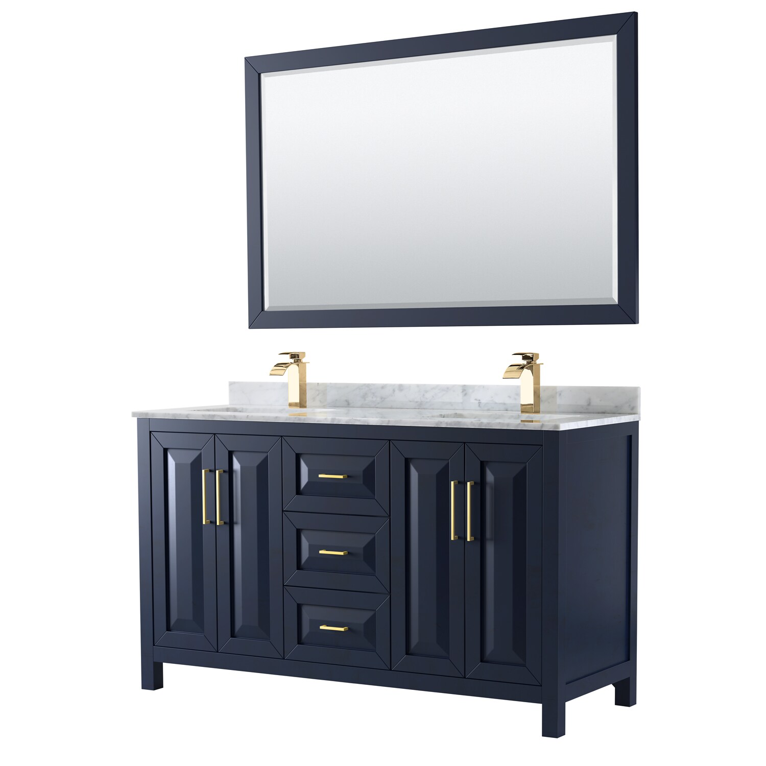 Wyndham Collection WCV252560DBLCMUNSM58 Daria 60-in Dark Blue with Brushed Gold Trim Undermount Double sink Bathroom Vanity with White Carrara Marble Marble Top (Mirror Included)