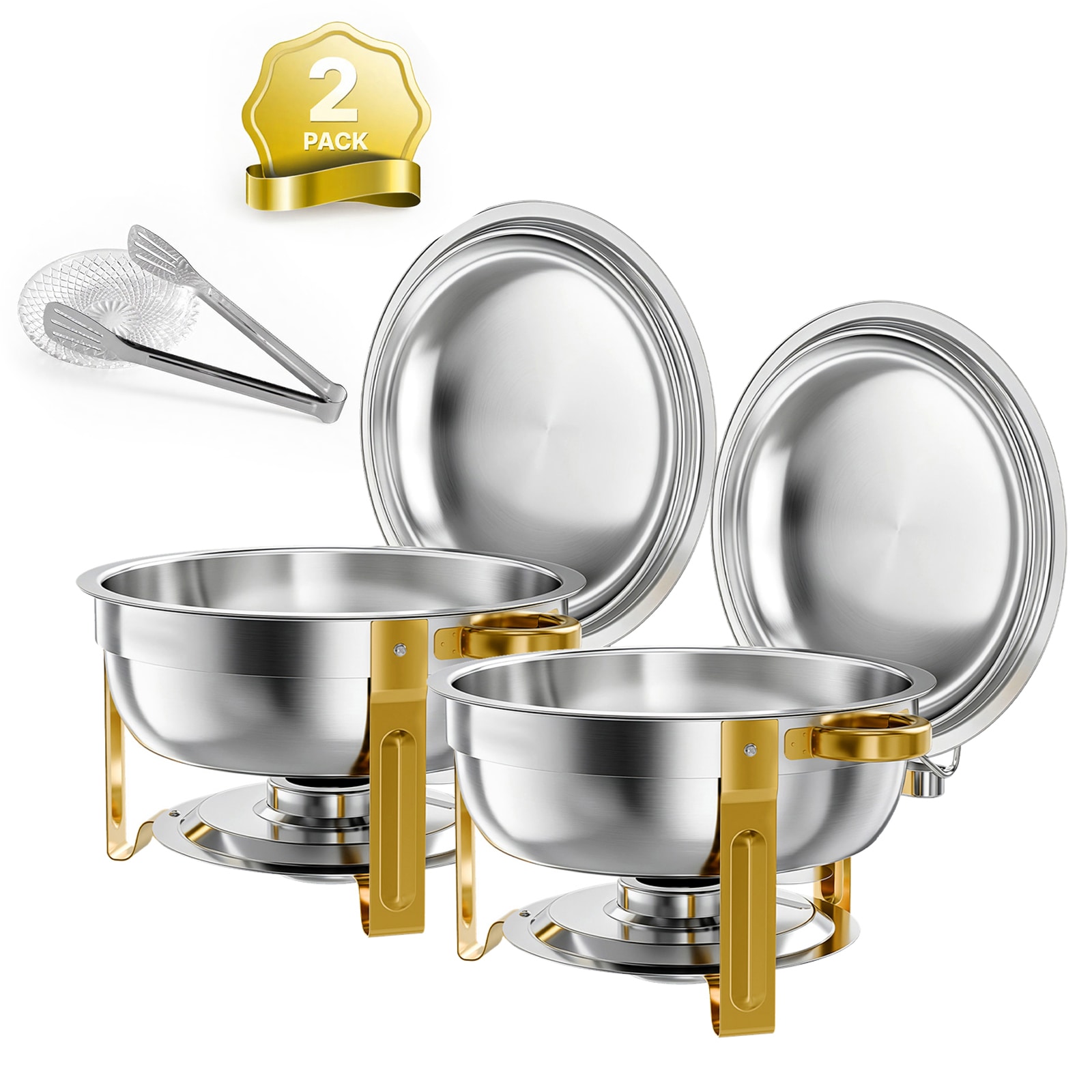 VEVOR 2 Packs Chafing Dishes for Buffet Set 6QT Stainless Steel Chafer for Banquet Party Wedding Catering Event Round Stackable Buffet Server and Warmer with 2 Pots Fuel Holder Tong Glass Pad #SCYXKCLJSBXG21398V0