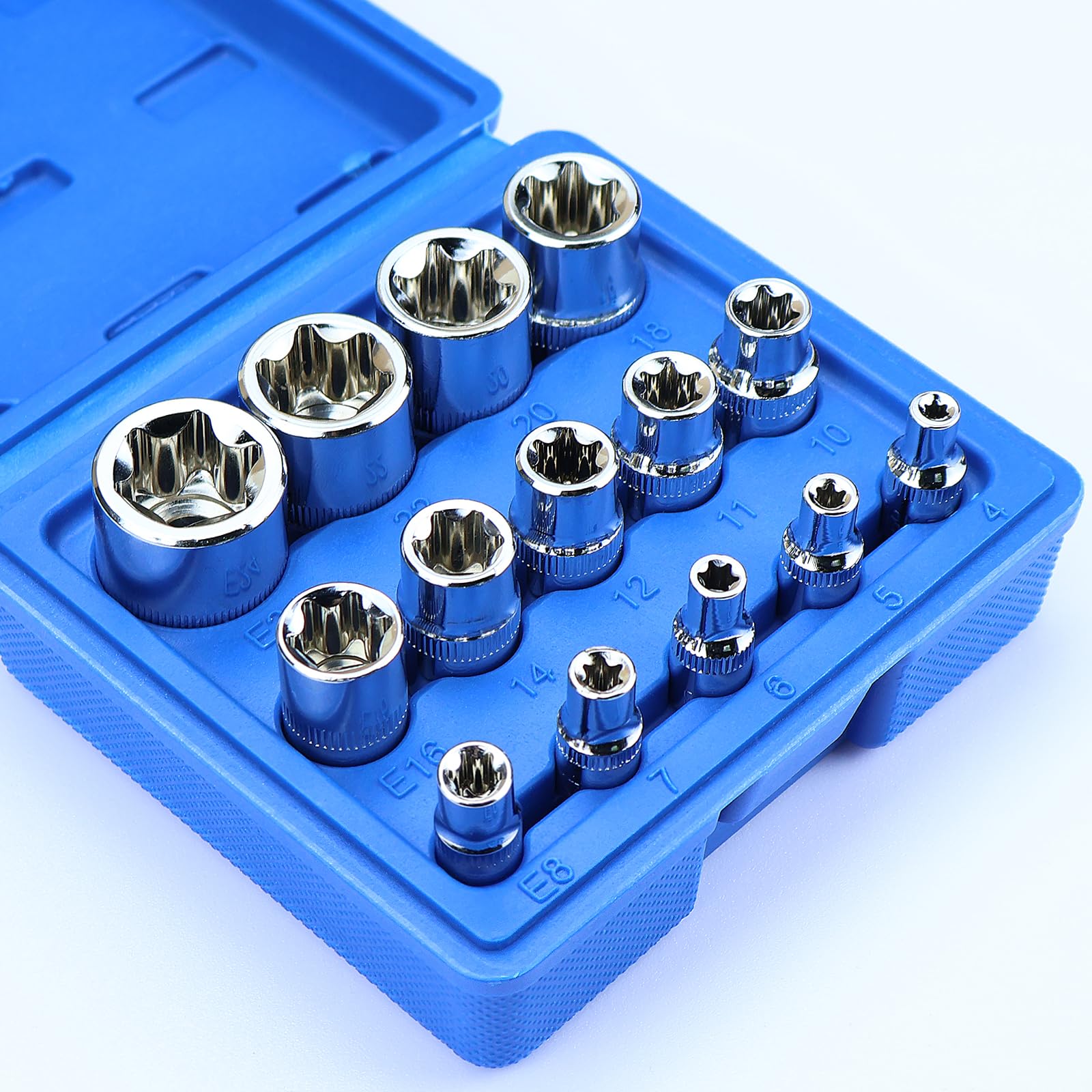 AOIZGMY 14 Piece E Torx Socket Set E4 to E24 High Strength Chrome Vanadium Steel 1 quarter 3 eighth 1 half Drive Automotive Repair Tools for #LAZ0805Z068