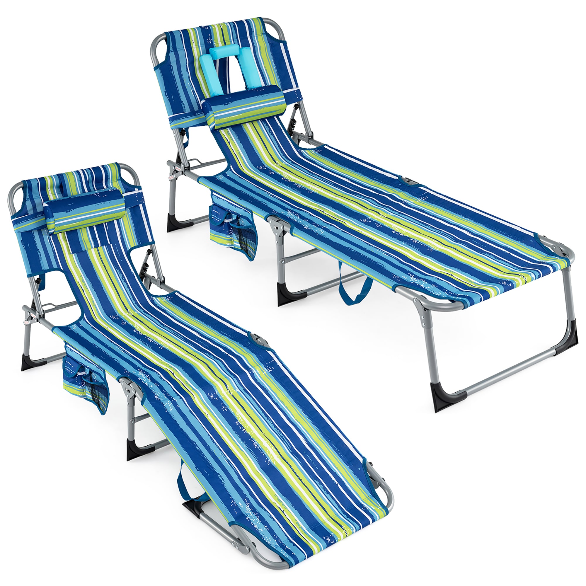 Costway HCST00491 Set of White Aluminum Frame Stationary Beach Chair with Blue Solid Seat