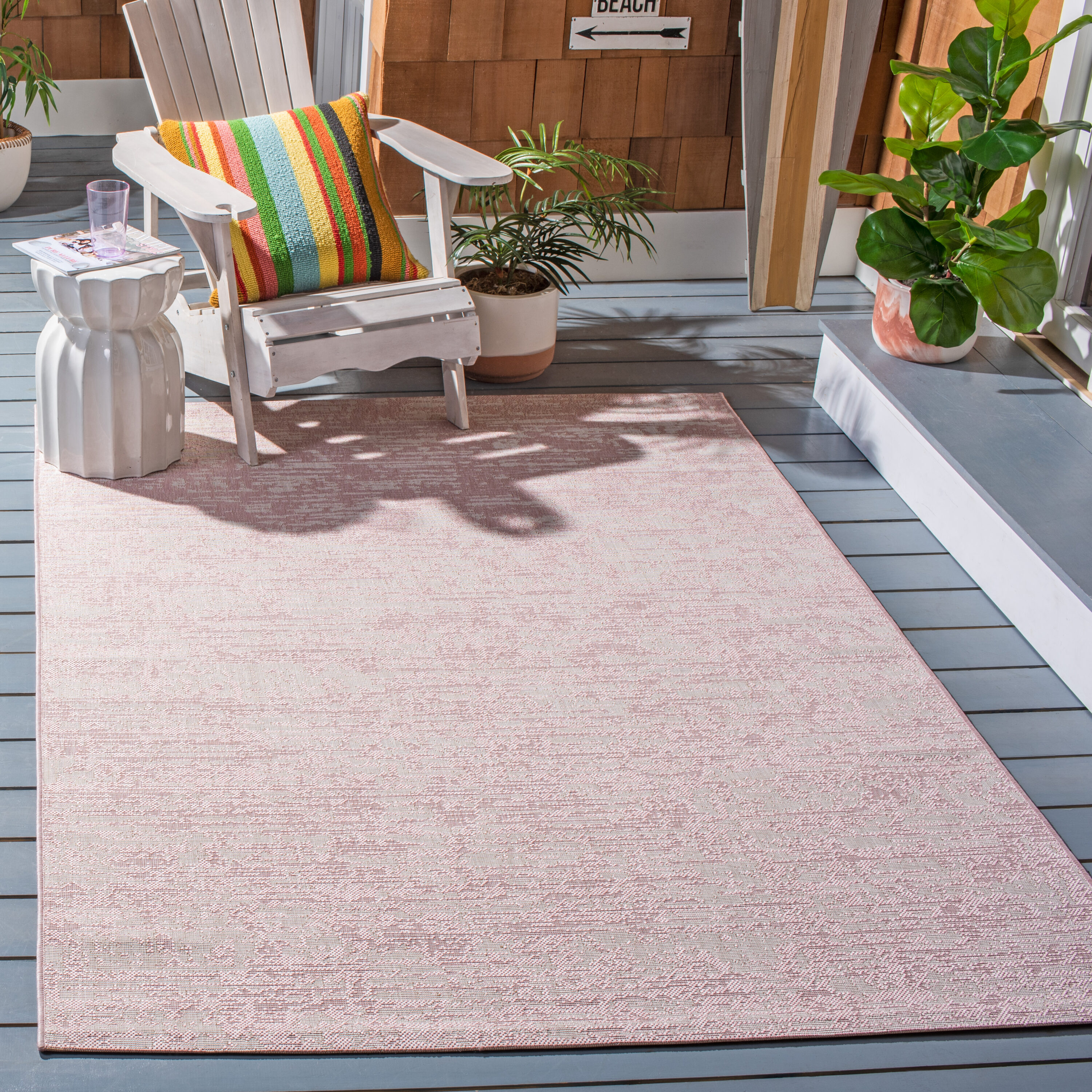 Courtyard 5 x 8 (ft) Loomed Polypropylene Pink/Ivory Rectangular Indoor Abstract Mid-Century Modern Spot Clean Only Area rug