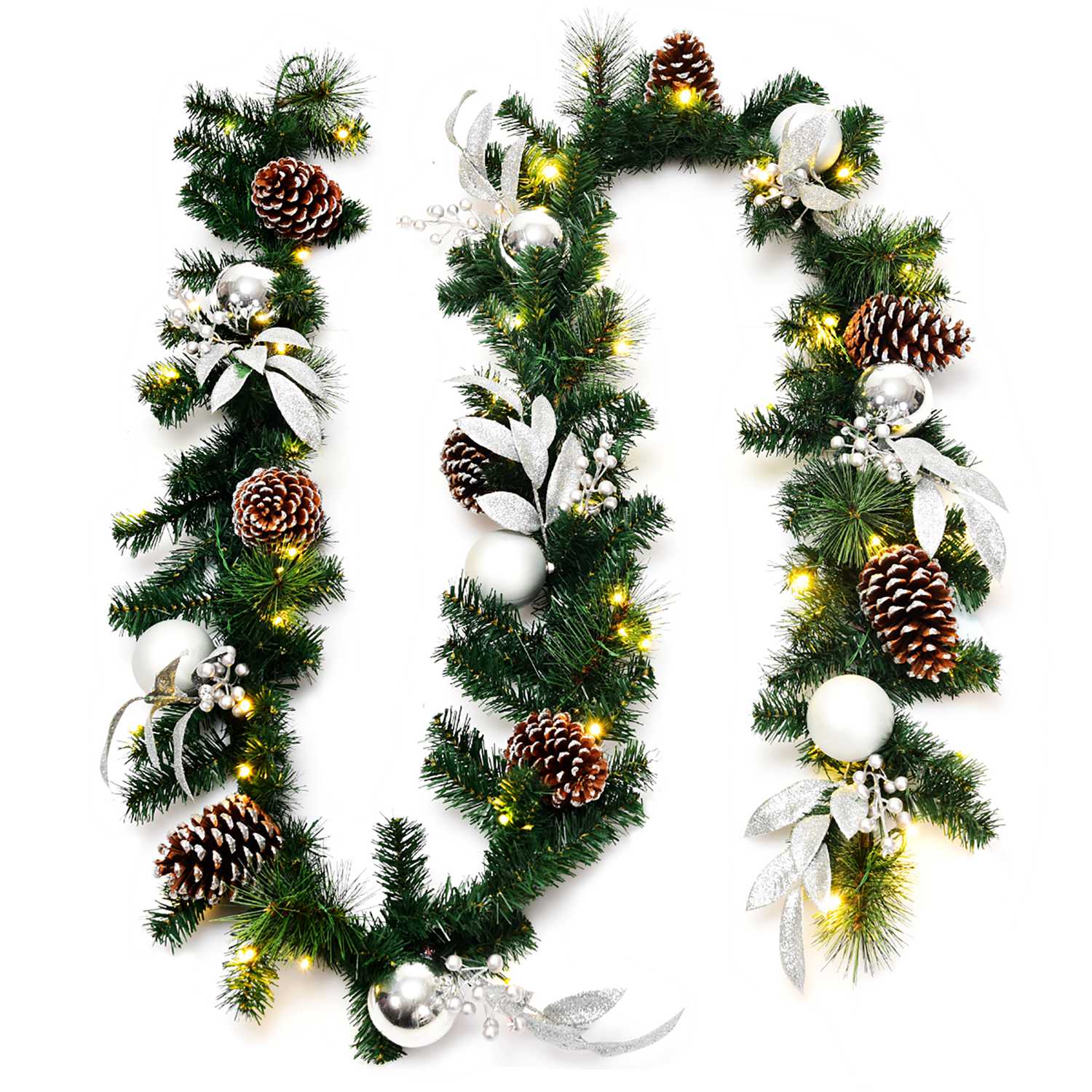 Costway CSHY001518 9ft Pre-Lit Artificial Christmas Garland with Mixed Decorations and LED Lights
