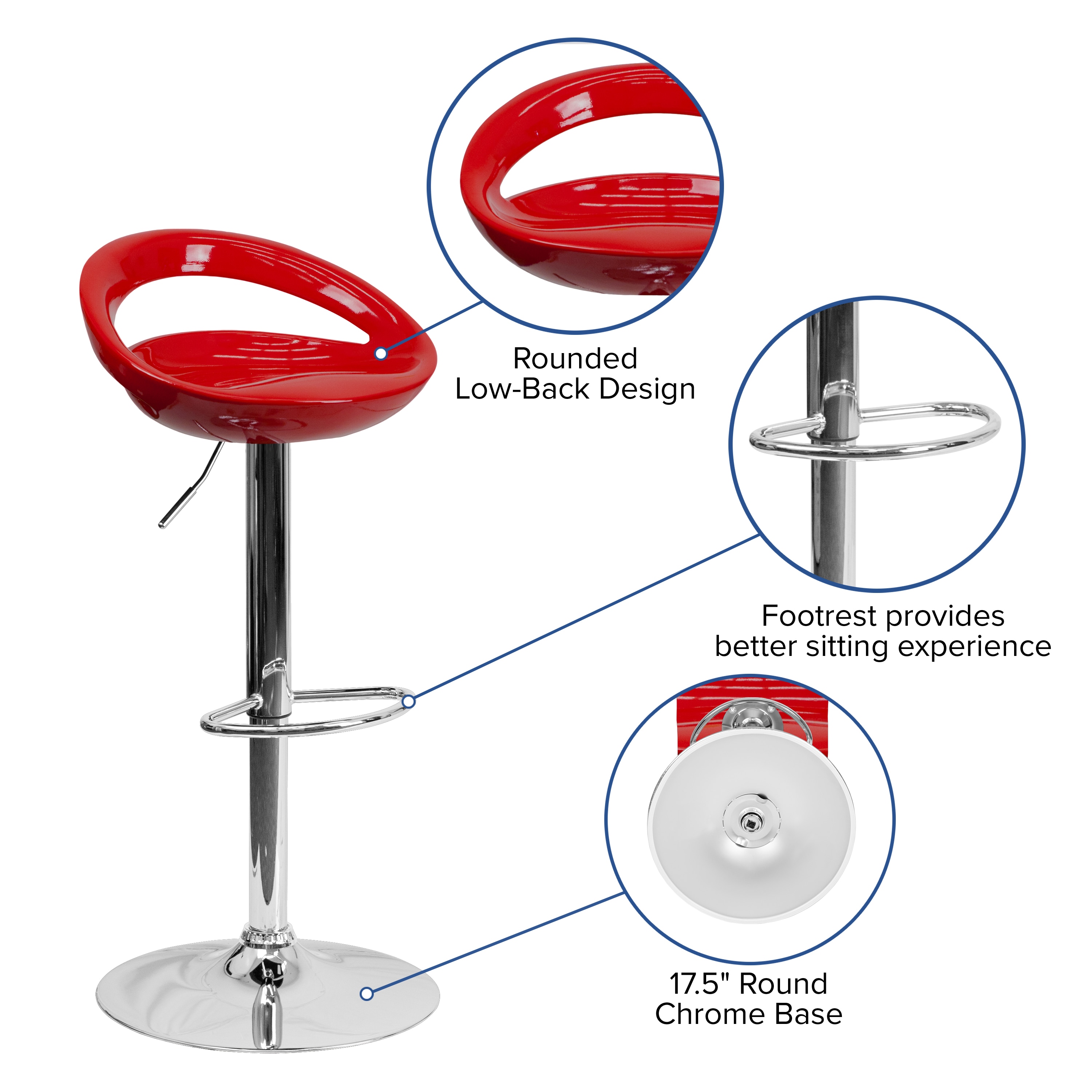 Modern Red Adjustable Swivel Barstool with Chrome Base
