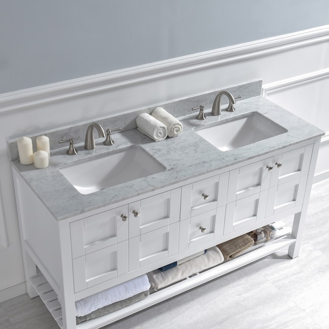 Leicester 61 in. W x 22 in. D Double Basin Engineered Quartz Marble Vanity Top in Carrara White with White Basins Leicester 61 in. W x 22 in. D Double Basin Engineered Quartz Marble Vanity Top in Carrara White with White Basins