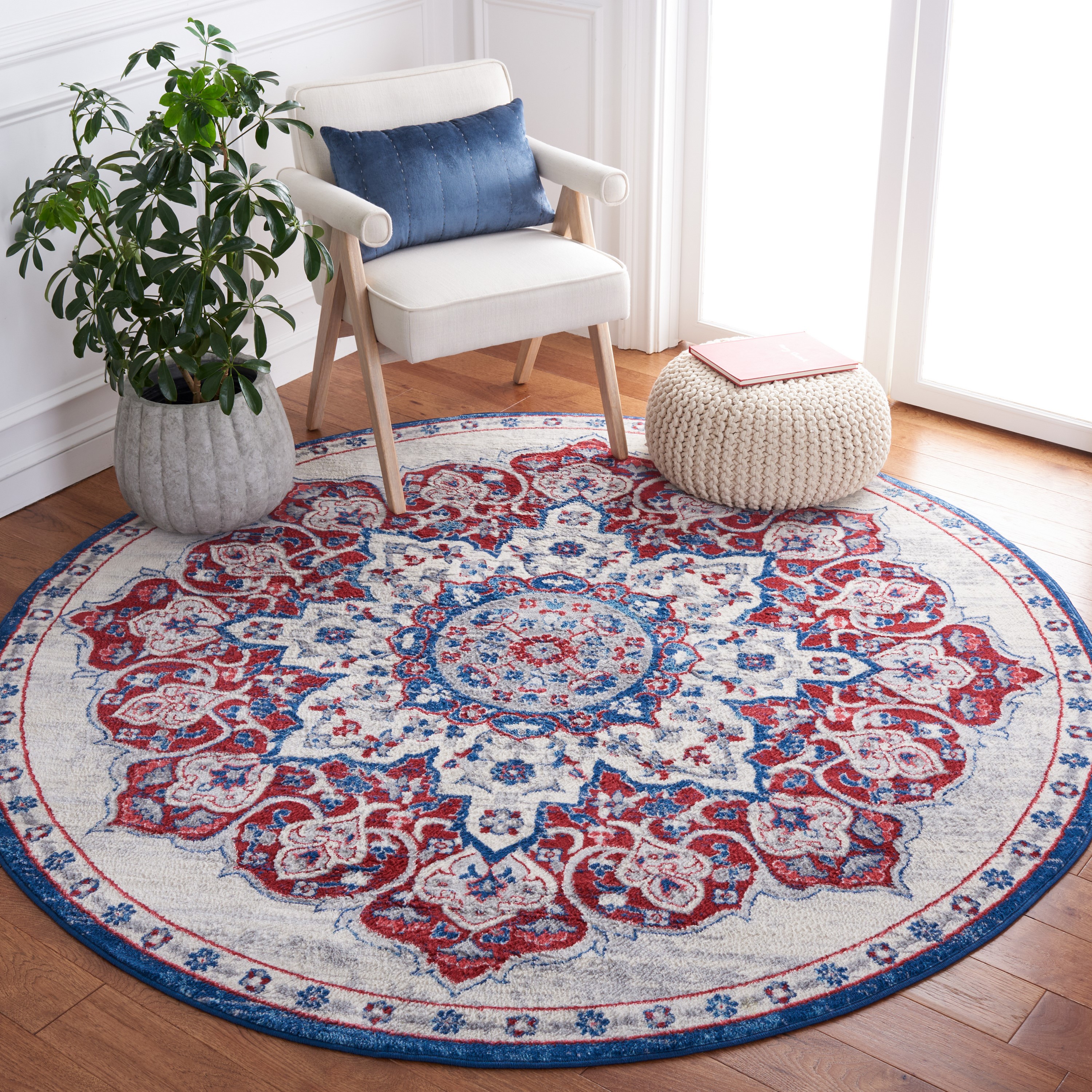 Safavieh BNT802A-7R Brentwood Coral 7 x 7 (ft) Loomed Polypropylene Ivory/Red Round Indoor Distressed/Overdyed Vintage Area rug