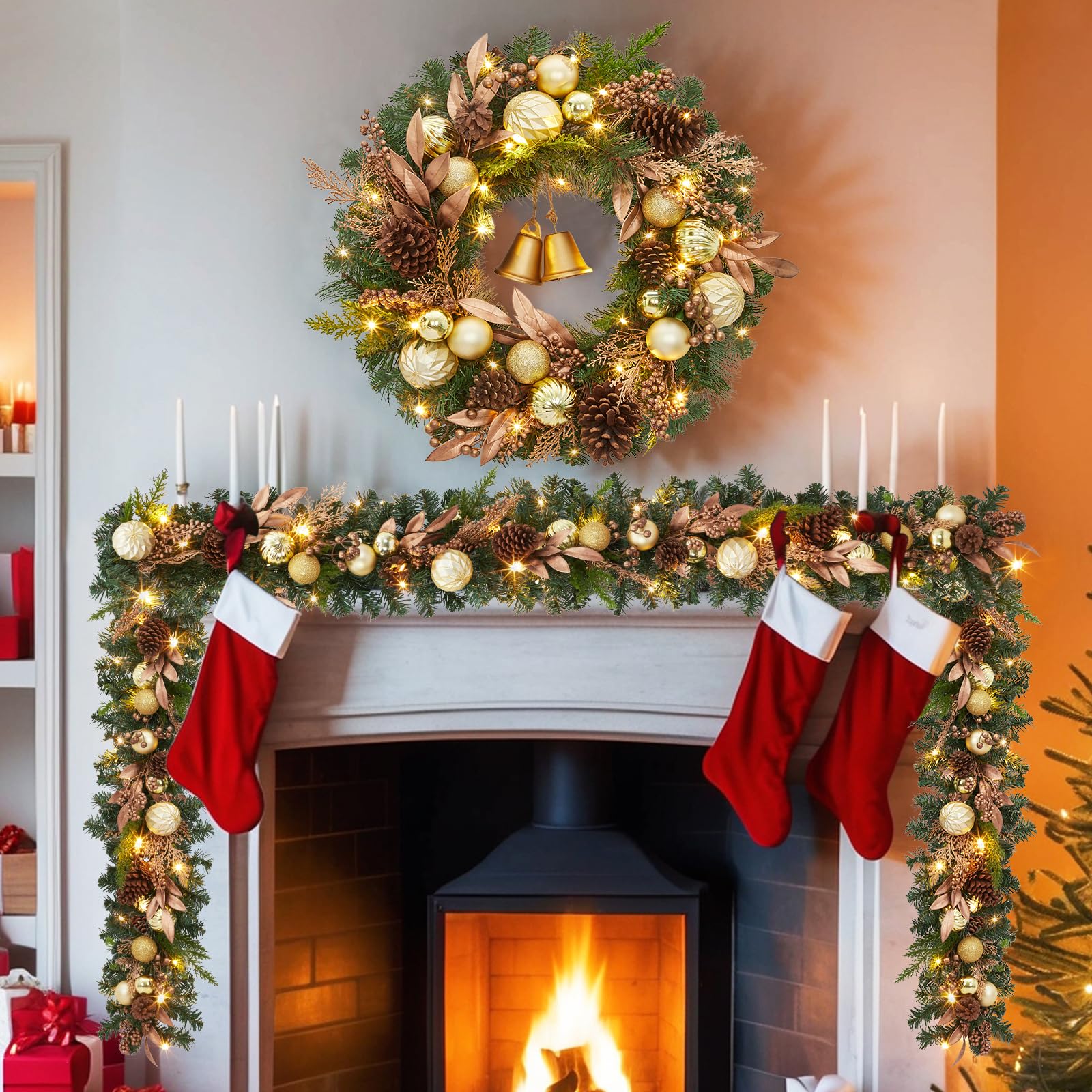 IdealHouse 6 Foot Pre-Lit Gold Christmas Garland with Pine Cones Ornament Balls and Bows for Stairs Fireplace Door Railing