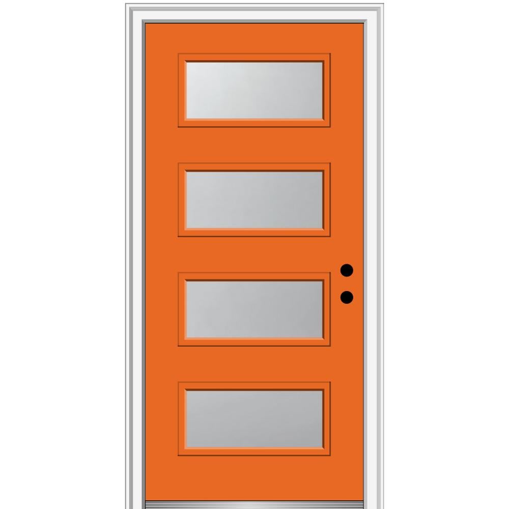 MMI DOOR ZZ346930L Spotlights 36-in x 80-in x 4-9/16-in Fiberglass Pulse lite Left-hand inswing Tangerine Painted Prehung Front Door with Brickmould Insulating core