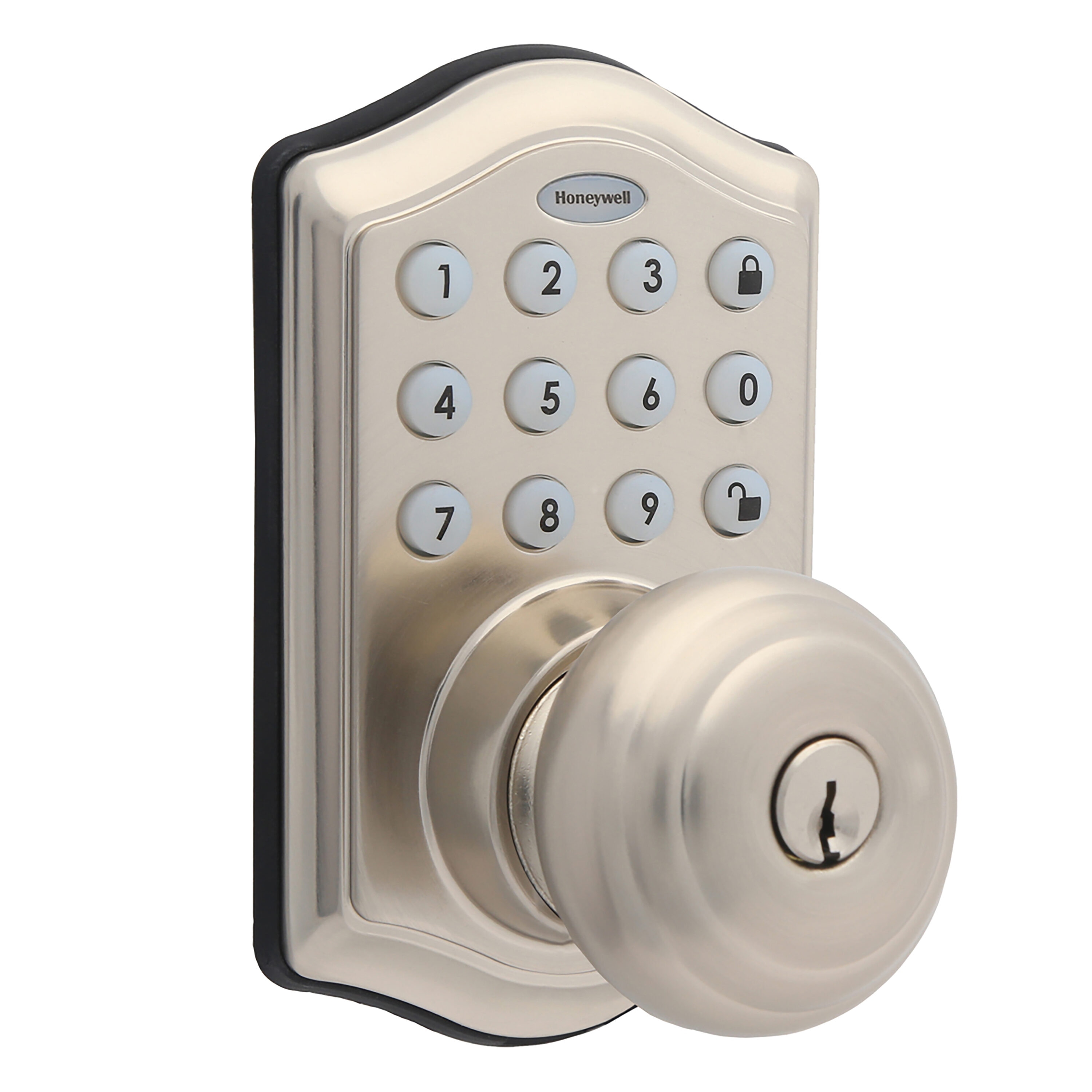 Honeywell Satin Nickel Electronic Knob Lighted Keypad in the