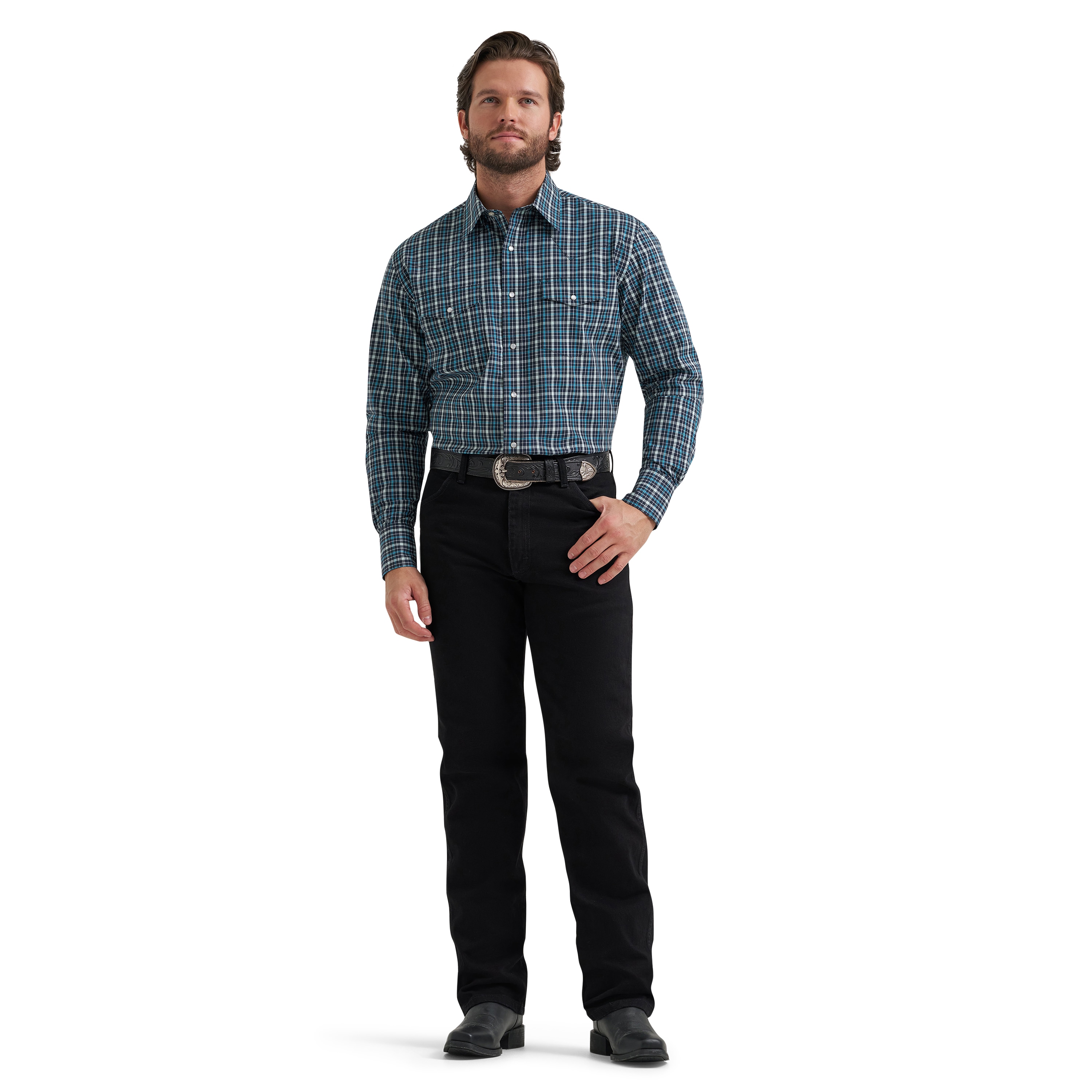 Wrangler Wrangler Long Sleeve Plaid Wrinkle Resist Woven Snap Shirt Blue M