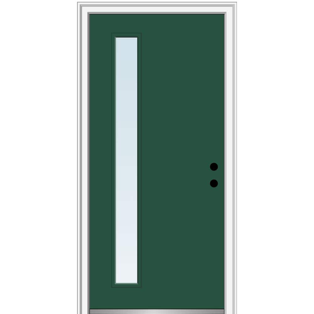 MMI DOOR ZZ348669L Spotlights 32-in x 80-in x 6-9/16-in Fiberglass Pulse lite Left-hand inswing Hunter Green Painted Prehung Front Door with Brickmould Insulating core
