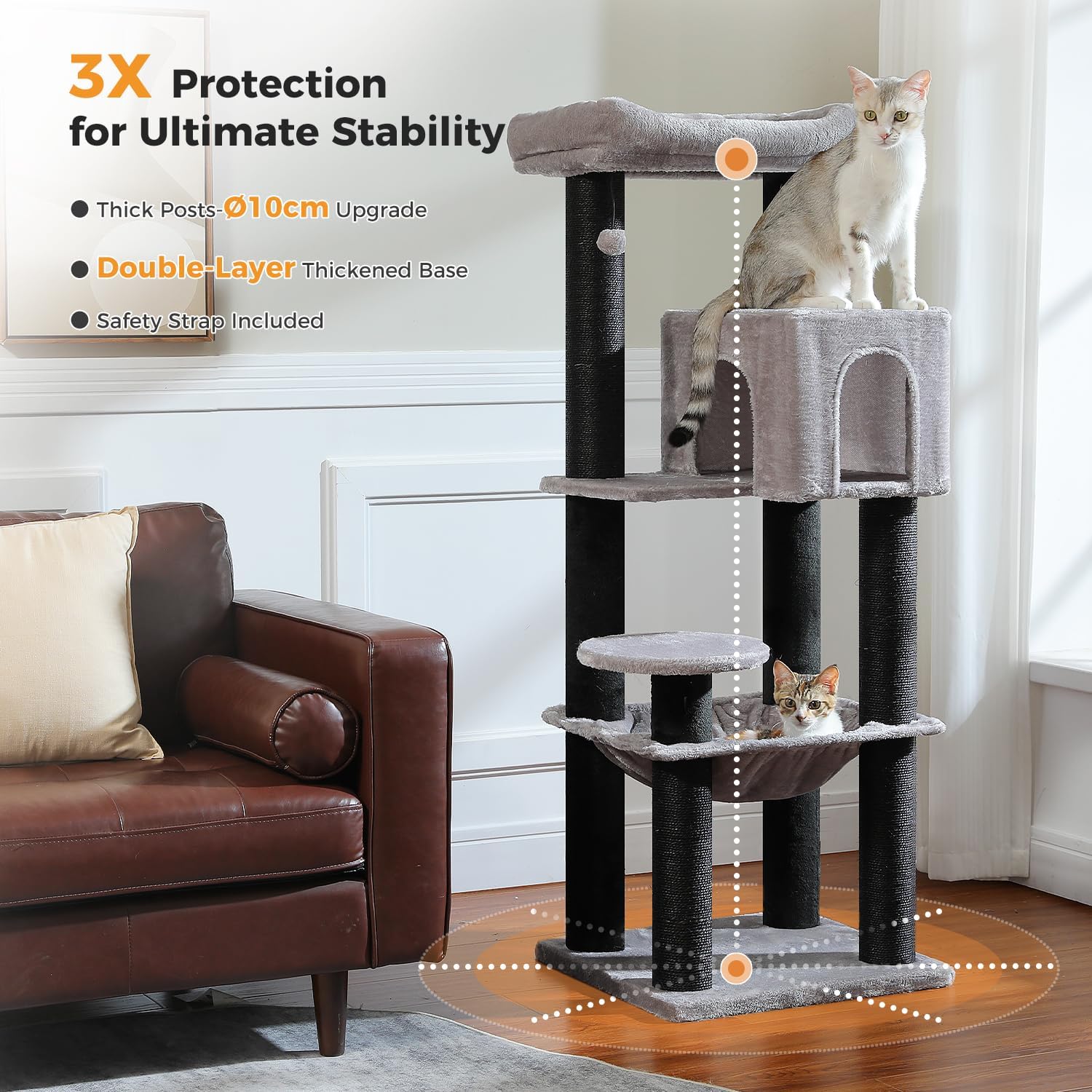 MUTTROS Large Cat Tree with Reinforced Scratching Posts Diameter 3.7in for Big Adult Cats 30 lbs 57.8 Inch Heavy Duty Cat Tower with Larger Hammock