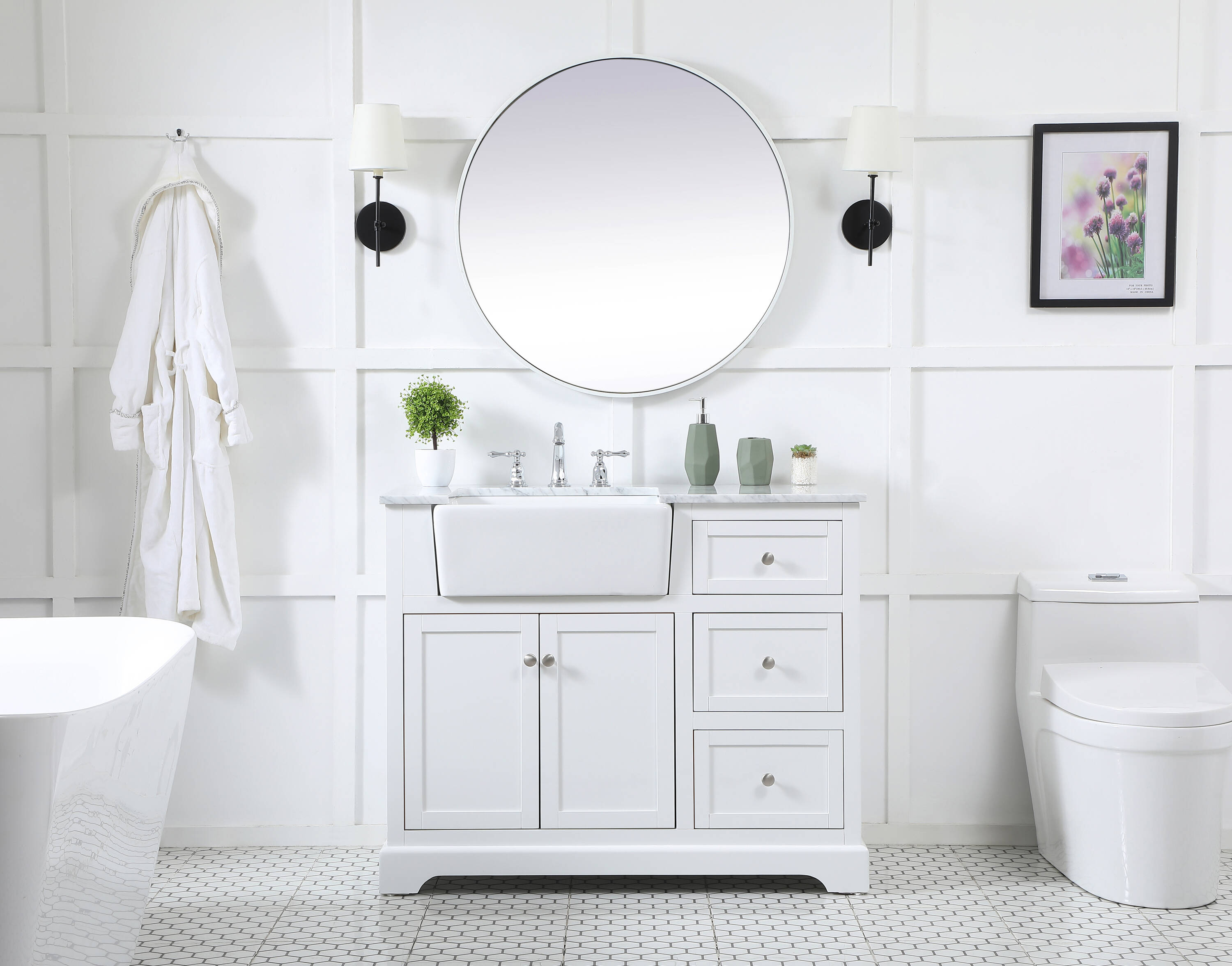 White Solid Wood and MDF Single Bathroom Vanity with Carrara Marble Top