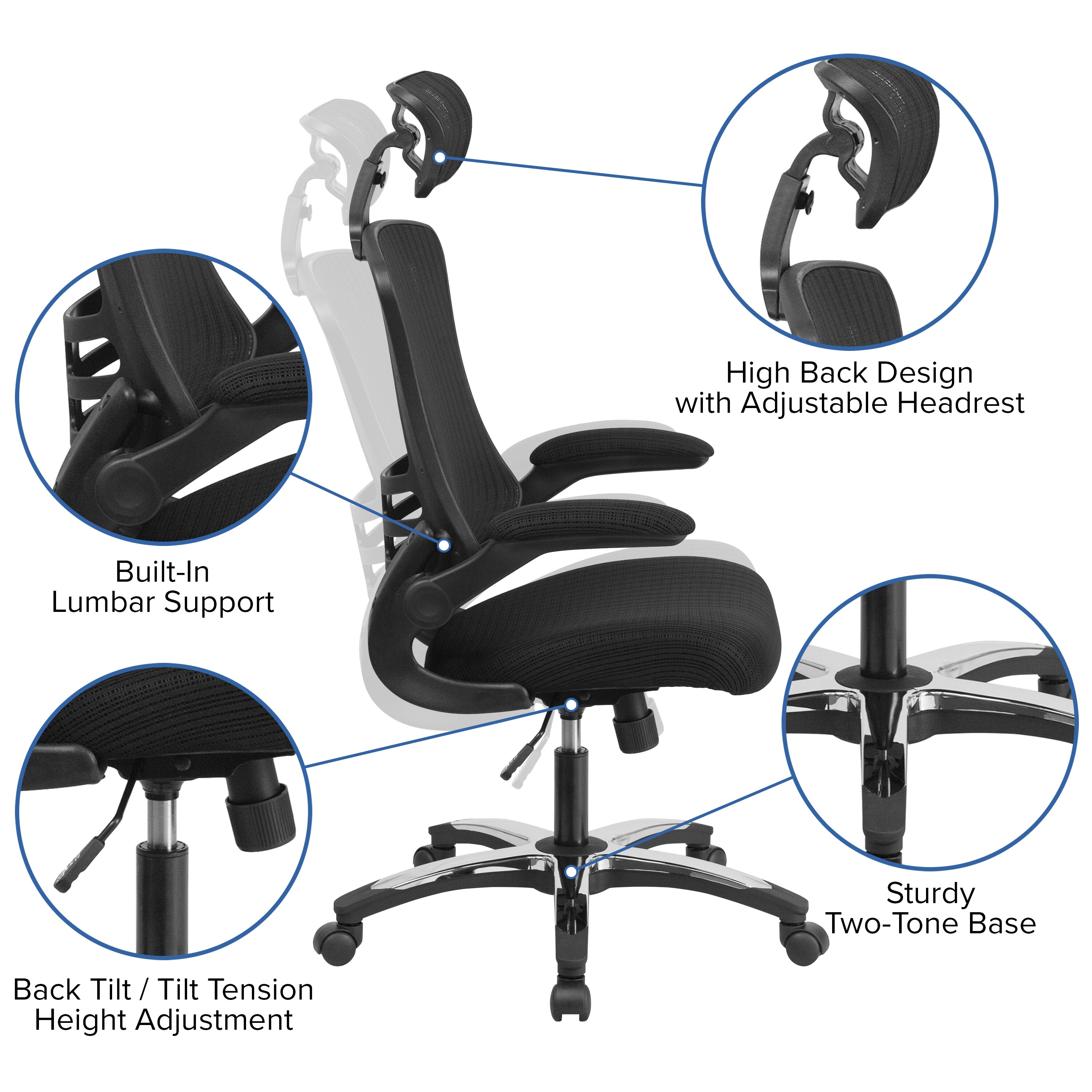 High-Back Black Mesh Swivel Executive Office Chair with Adjustable Arms