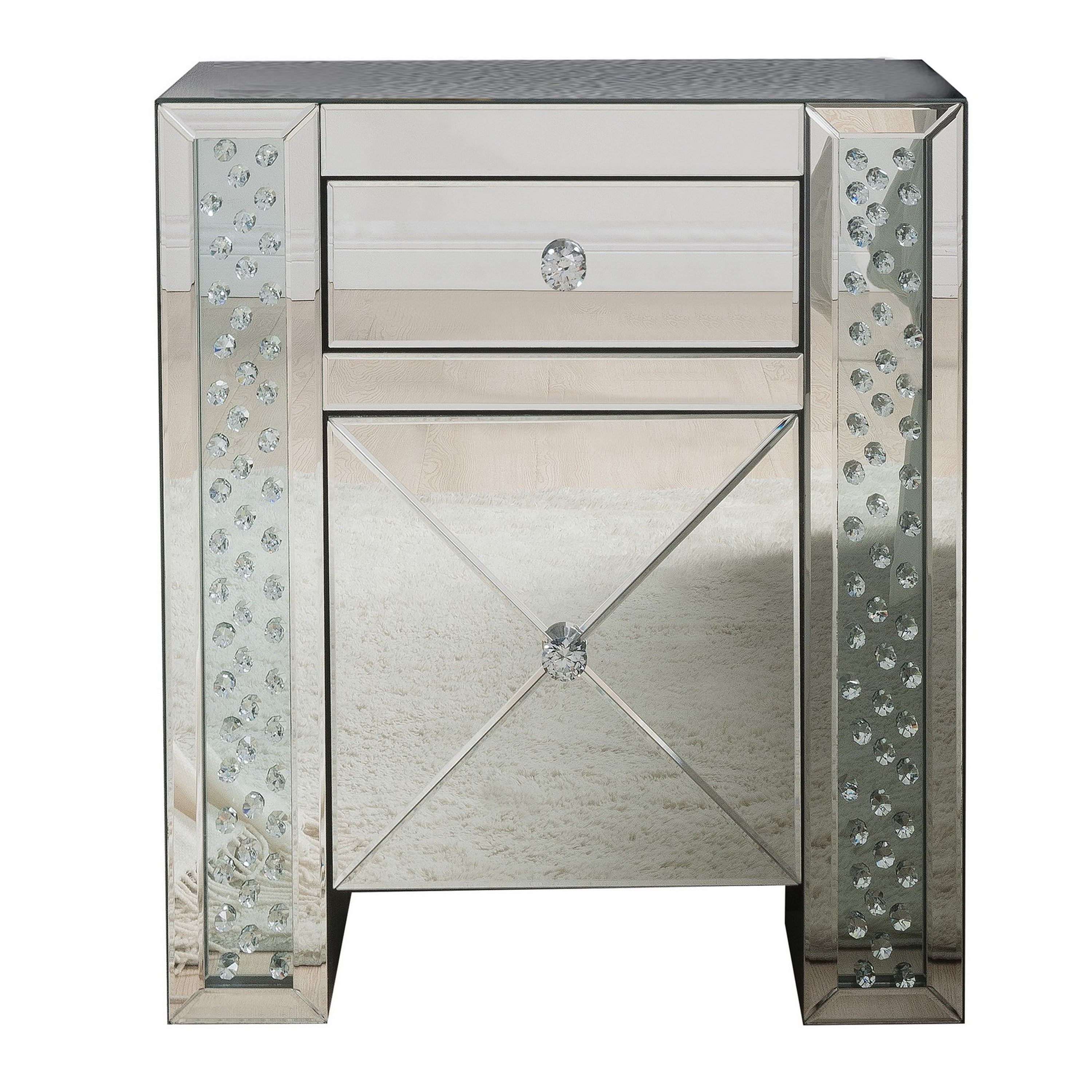 Sleek Silver Wood & Mirrored Nightstand with Crystal Knobs
