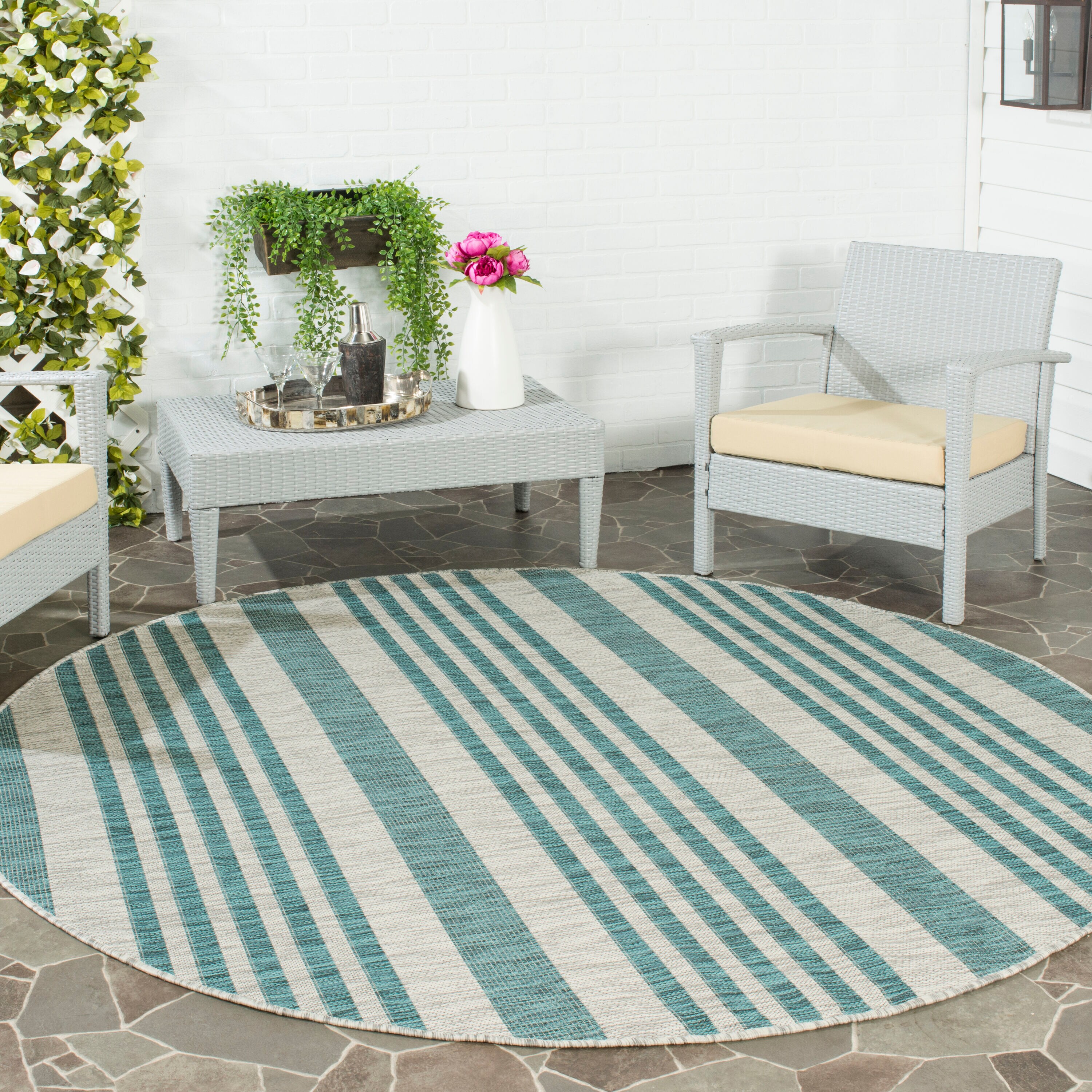Safavieh CY8062-37212-7R Courtyard Malibu 7 x 7 (ft) Loomed Polypropylene Gray/Blue Round Indoor/Outdoor Stripe Coastal Area rug
