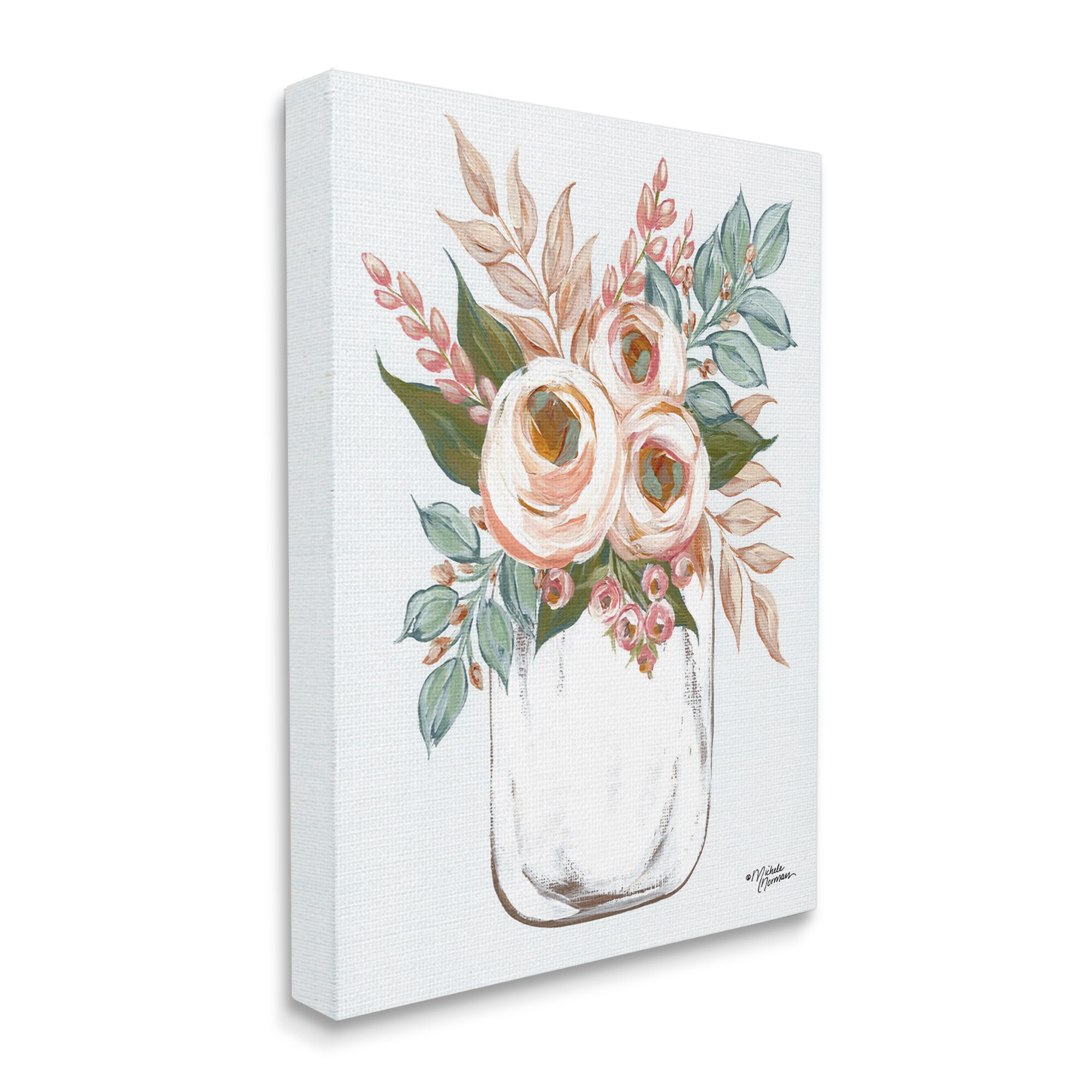 Stupell Industries AF-029-CN-24X30 Delicate Pink Ranunculus Florals Vintage Farm Jar Michele Norman 30-in H x 24-in W Floral Print on Canvas