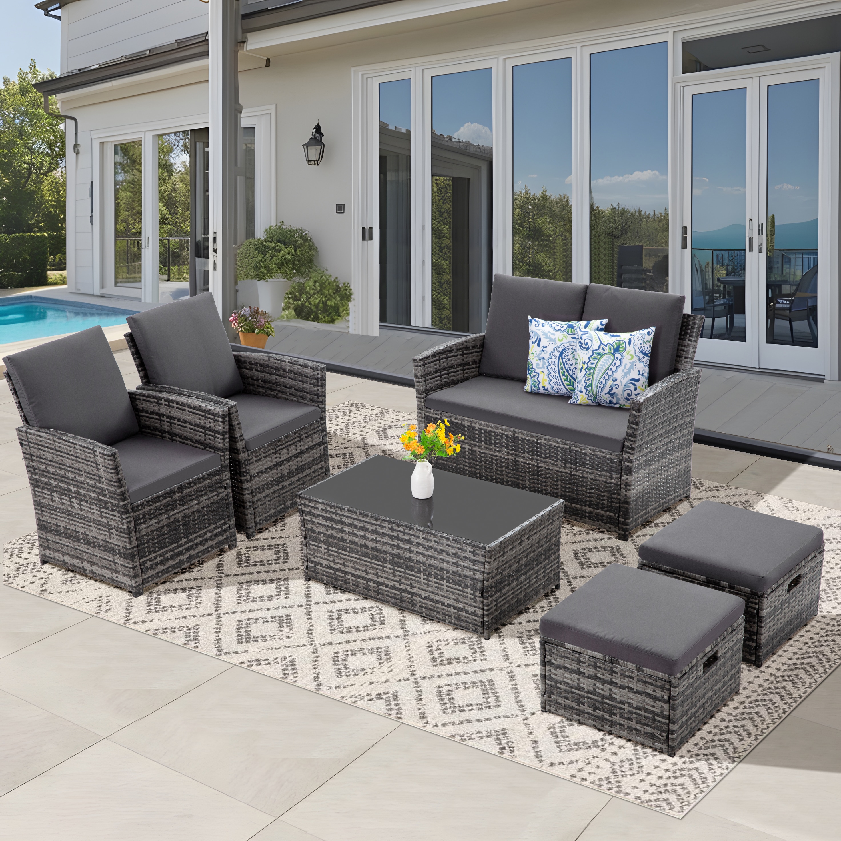 EarlGrove LS-F5781-GY00304 6 -Piece Wicker Patio Conversation Set with Gray Cushions