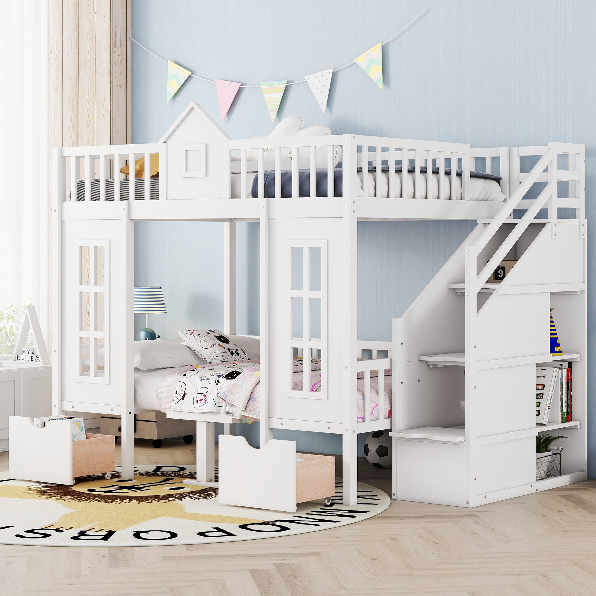ModernLuxe LT000680AAK-1 FullOverFull Bunk Bed with Changeable Table Bunk Bed Turn into Upper Bed and Down Desk White