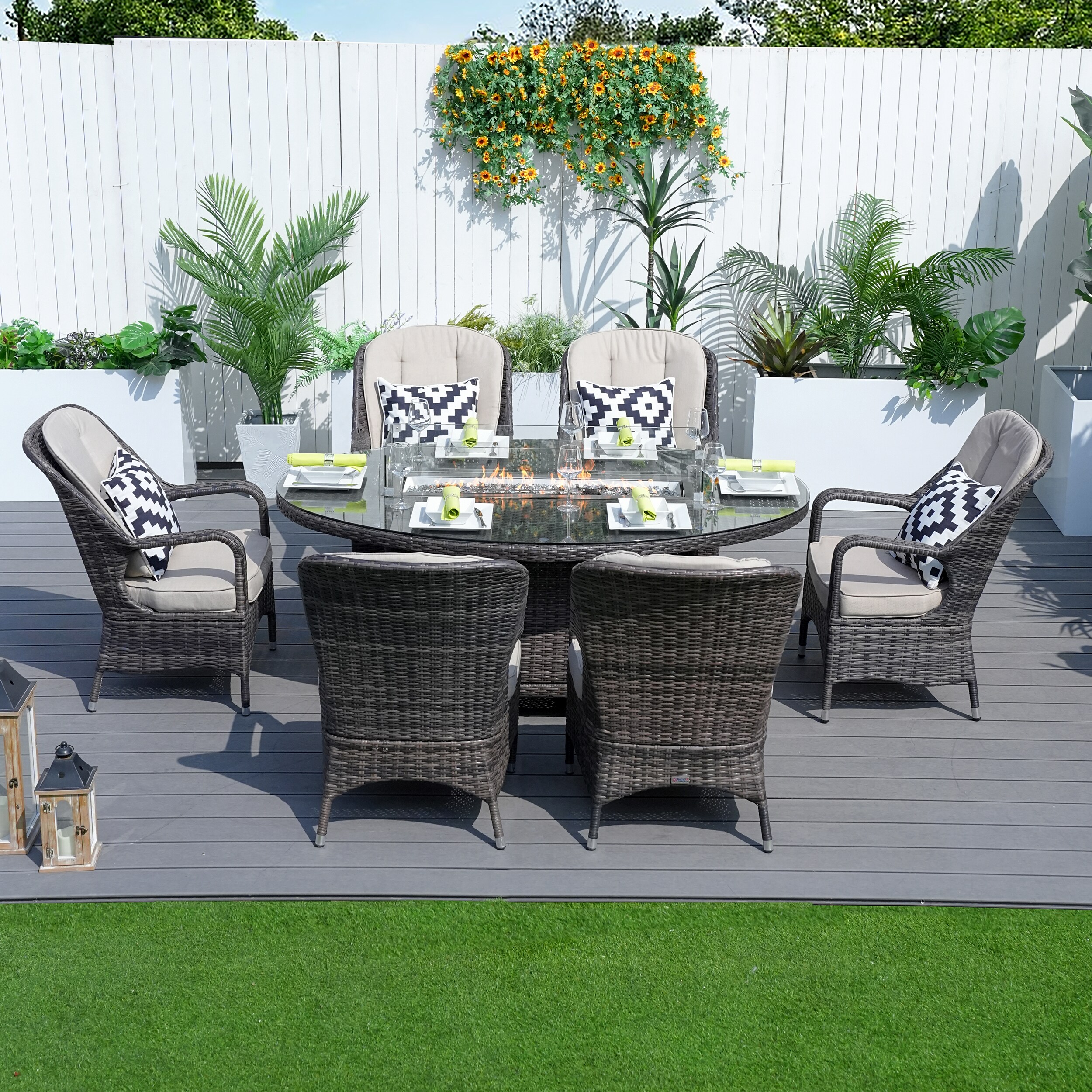 Moda Furnishings MD-PAG-1106-O 7 -Piece Dark gray Wicker Patio Dining Set Rattan Oval Table with 6 White Cushions Stackable Stationary Chairs Fire Pit Included