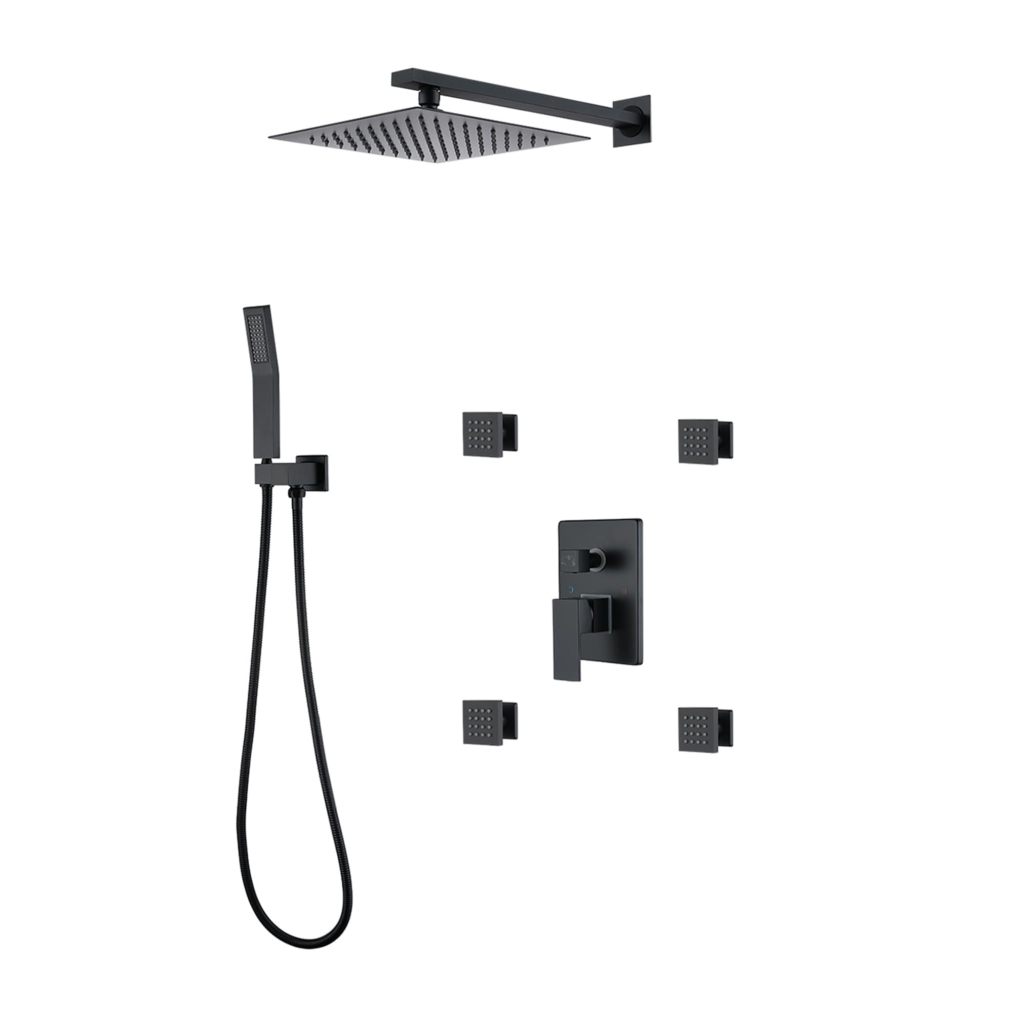 WELLFOR ZC Matte Black Dual Head Waterfall Built-In Shower Faucet System with 3-way Diverter Pressure-balanced Valve Included