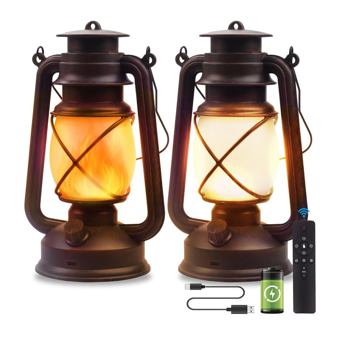 Anqtovp LED Camping Lantern 4 Lighting Modes Remote Control USB Rechargeable Flickering Flame Vintage Outdoor Waterproof Hanging Lamp 2 Pack