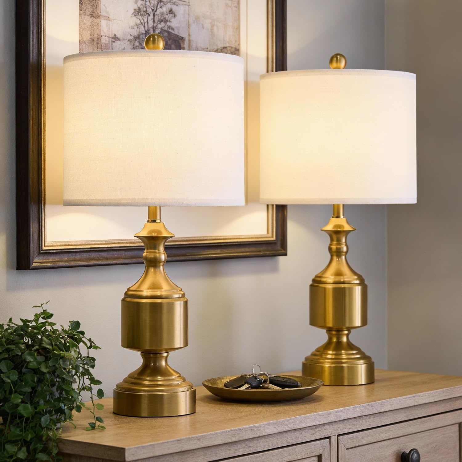 Lukvuzo  Set of 2 Gold Table Lamps 20.5 Inch Metal Bedside Lamps with Linen Drum Shade Mid Century Modern Desk Lamps for Bedroom Nightstand Home Office