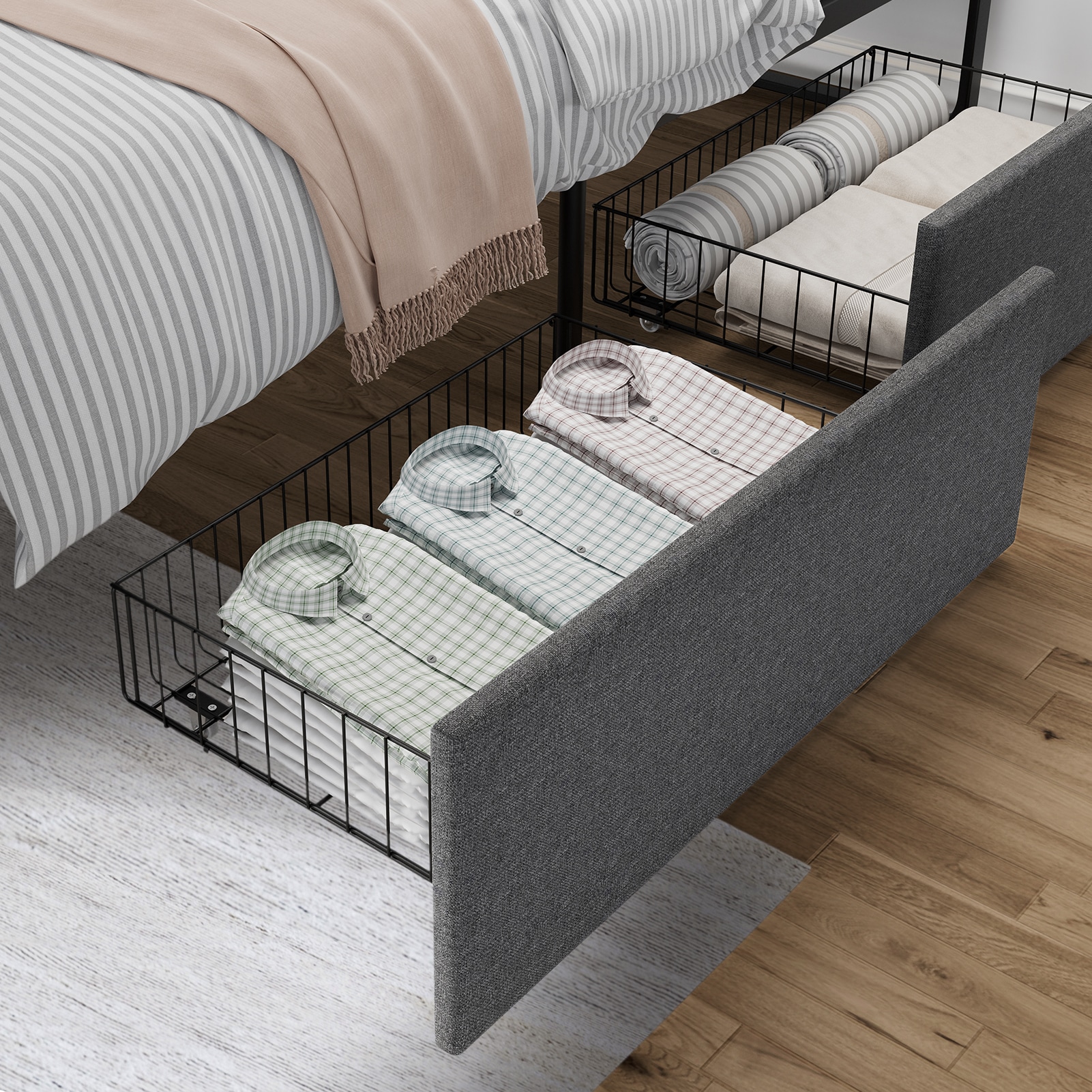 Garvee Gray Queen Upholstered Metal Bed with Storage Drawers