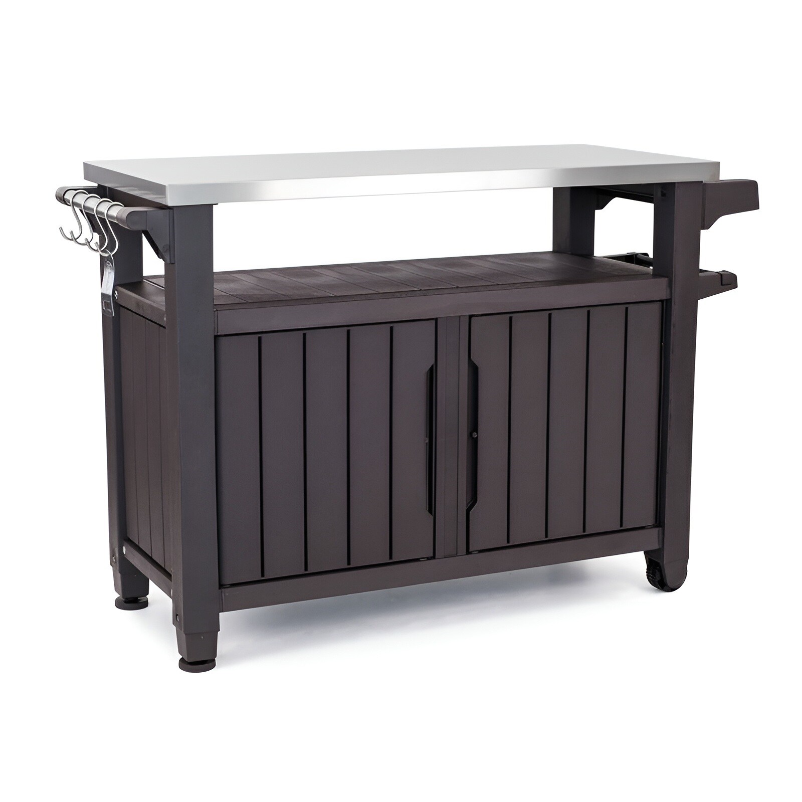 Slickblue Dark Brown Party Bar Straight Serving Cart with Casters Stainless Steel Top and Utensil Hangers for Patio or Backyard