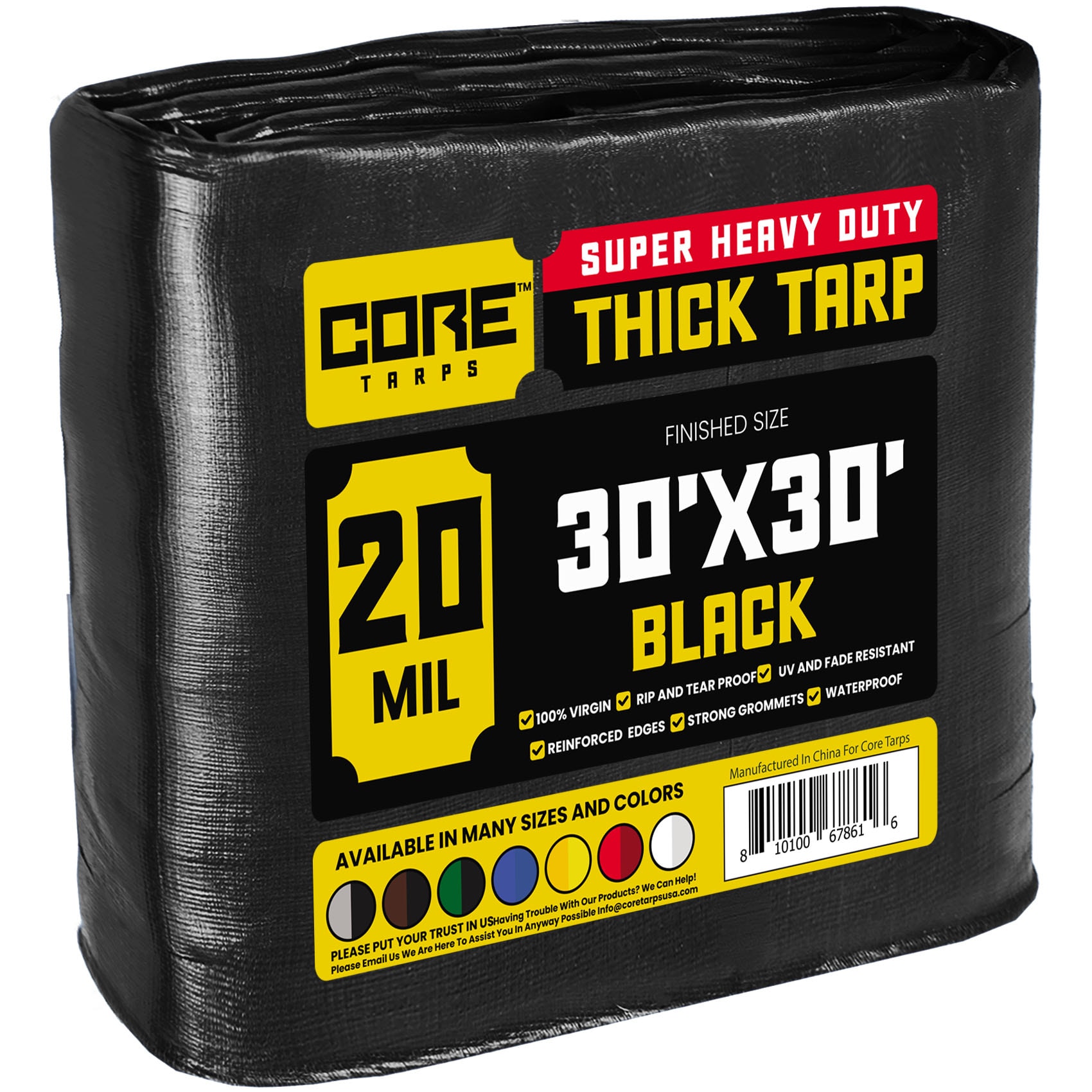 Core Tarps CT-706-30X30 30-ft x 30-ft Black Waterproof Commercial Polyethylene 20-Mils Tarp