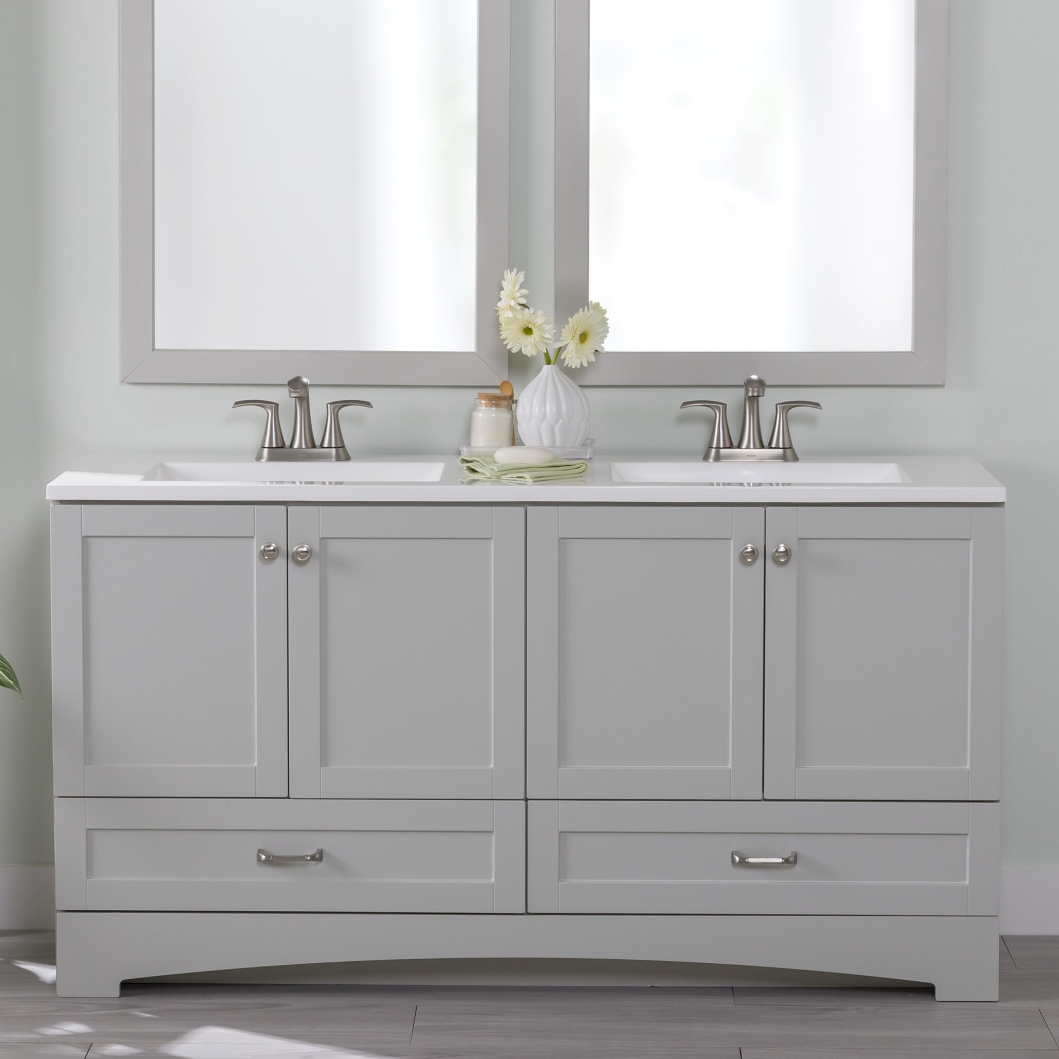 Diamond NOW Cassidy 60-in Pearl Gray Double Sink Bathroom Vanity with White Cultured Marble Top