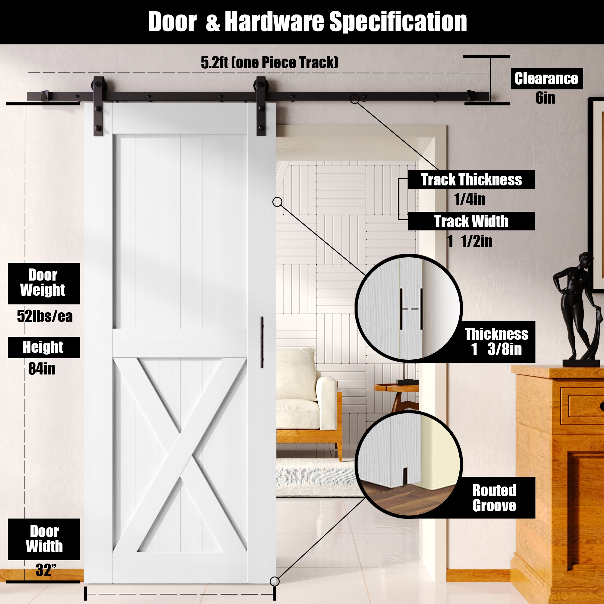 HOMACER YT1TGH066C-3284-X-WH Barn-Doors - View #2