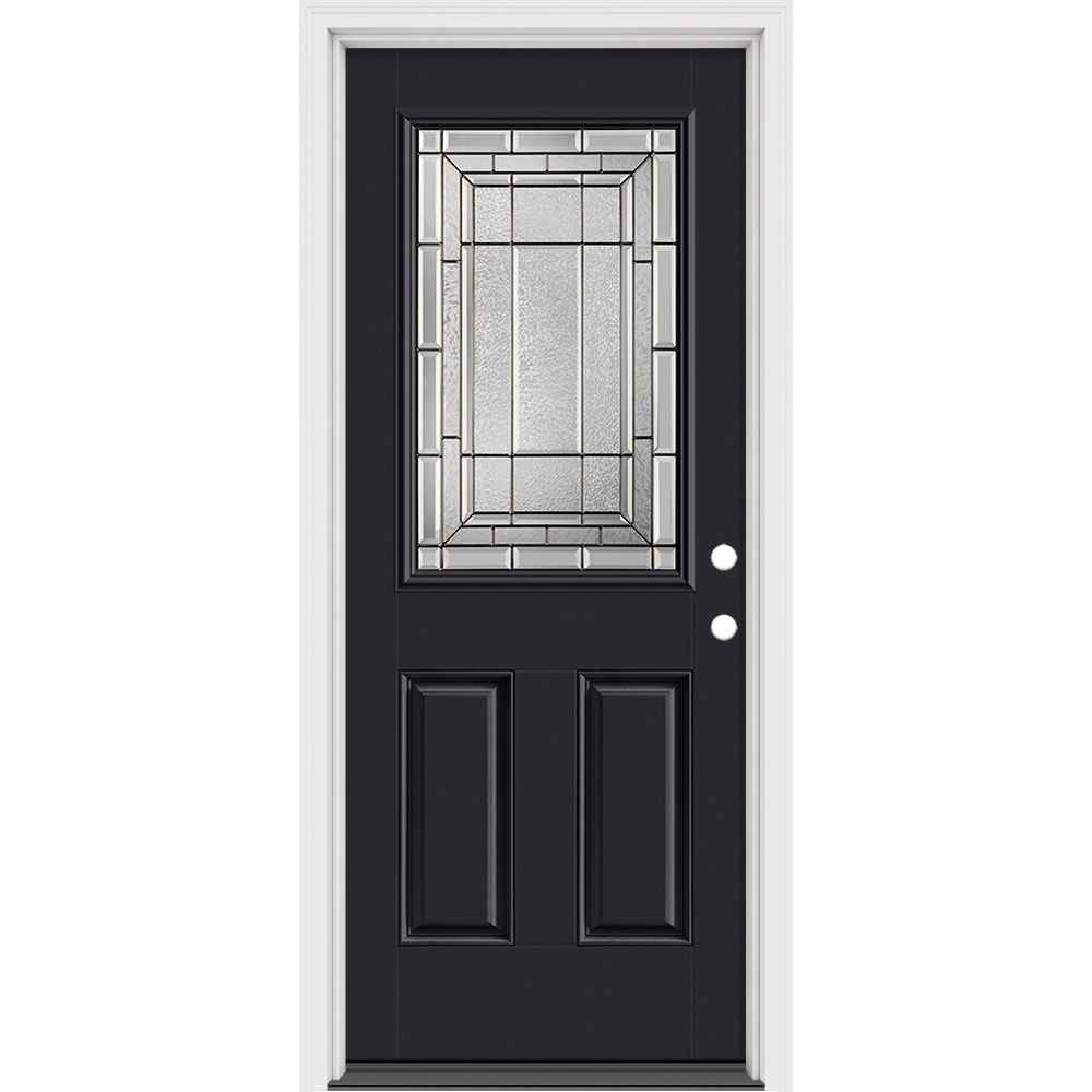 Masonite 631538 Sequence 32-in x 80-in x 4-9/16-in Fiberglass Half lite Left-hand inswing Peppercorn Painted Prehung Front Door with Brickmould Insulating core
