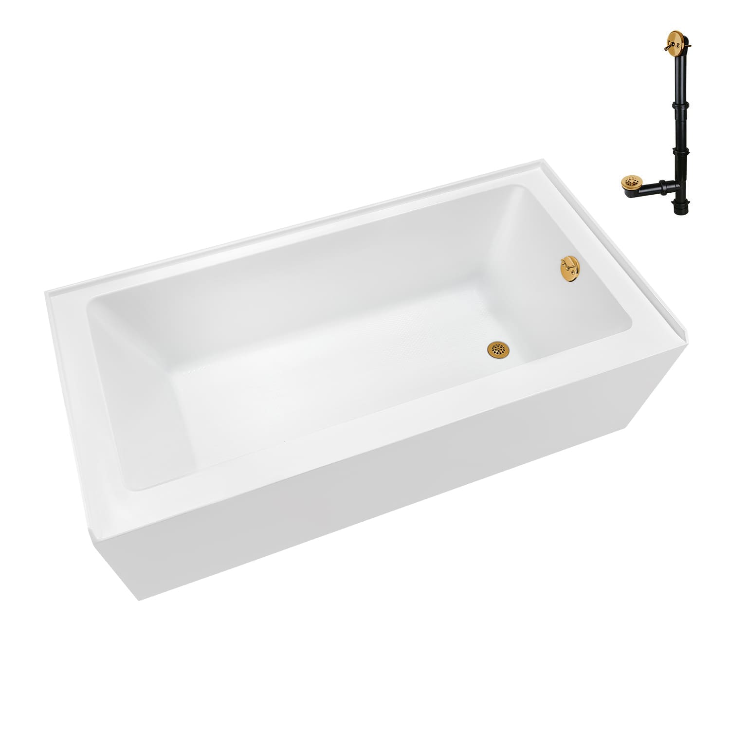 Streamline  60 inch x 32 inch Acrylic Right-Hand Drain Alcove Bathtub in Glossy White With External Drain in Brushed Gold
