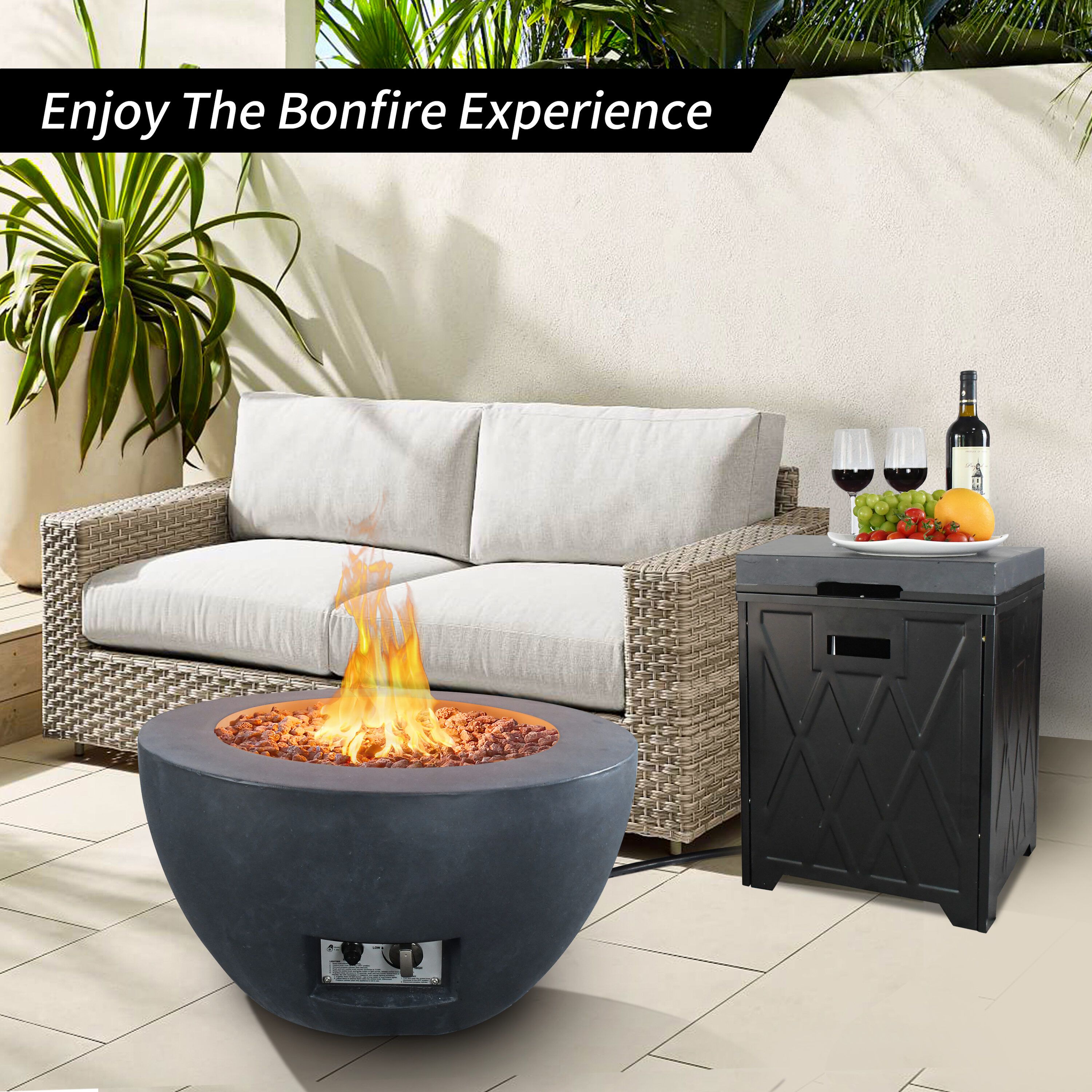 Modern 25" Round Concrete Propane Gas Fire Pit Table in Black