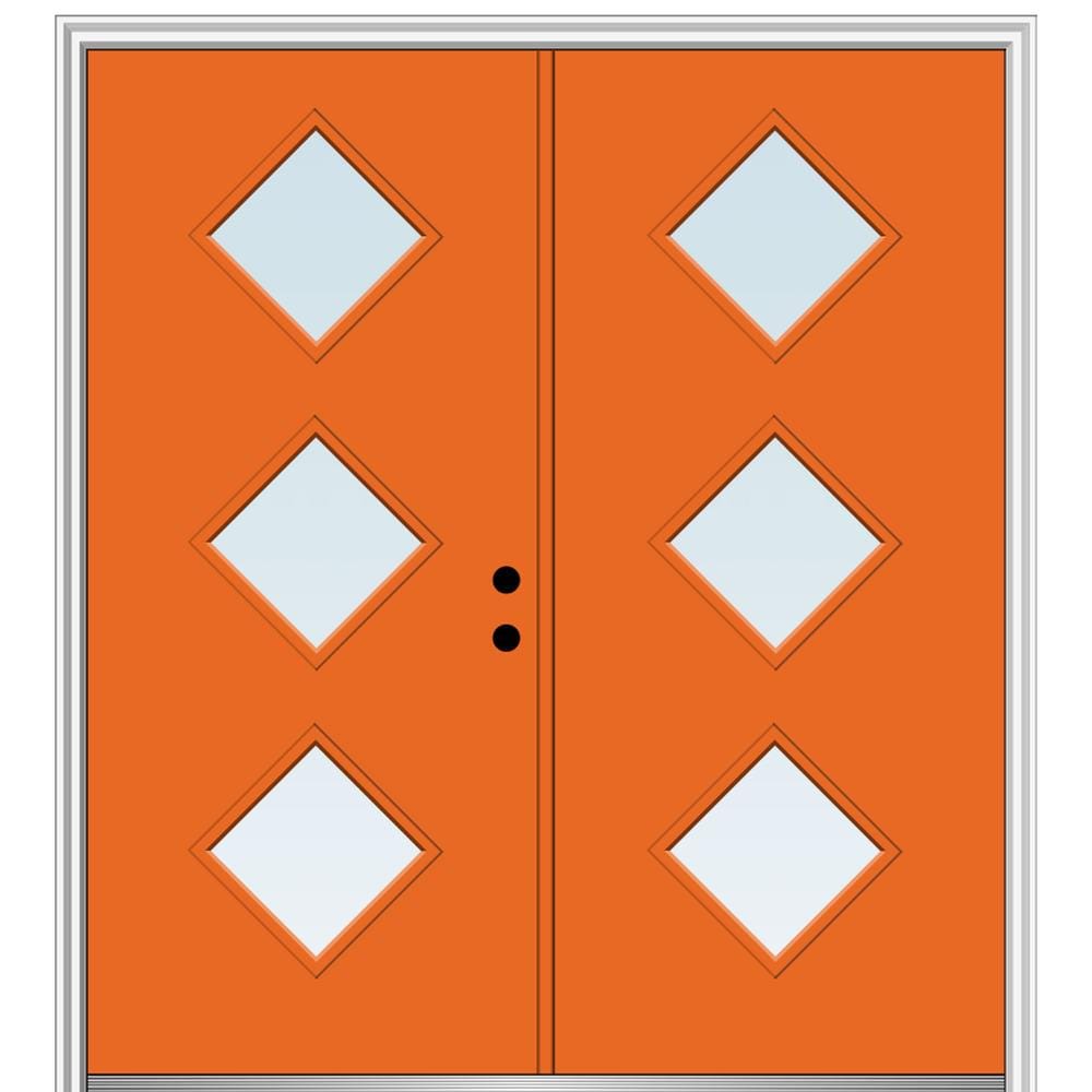 MMI DOOR ZZ348949L Spotlights 72-in x 80-in x 6-9/16-in Fiberglass Half lite Left-hand inswing Tangerine Painted Prehung Double Front Door with Brickmould Insulating core
