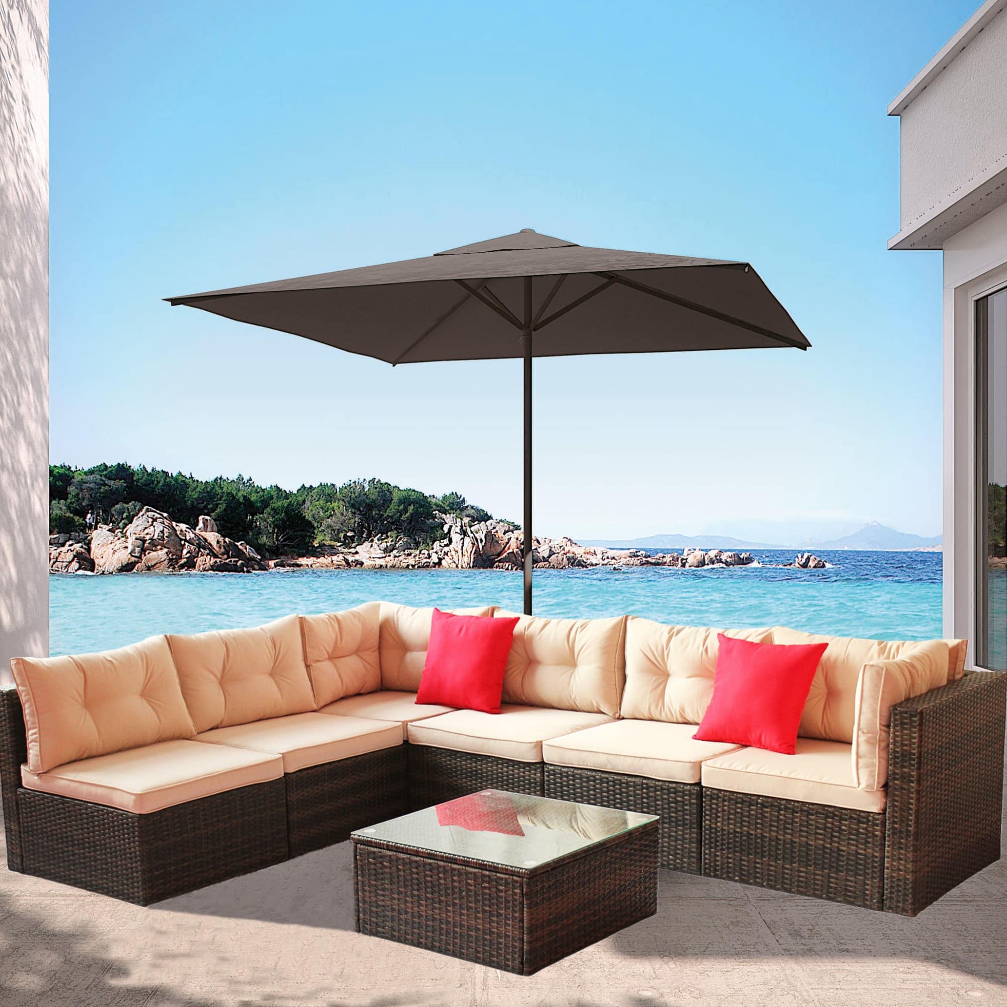 Runesay XIPCS184 7 -Piece Rattan Patio Conversation Set with Off-white Cushions